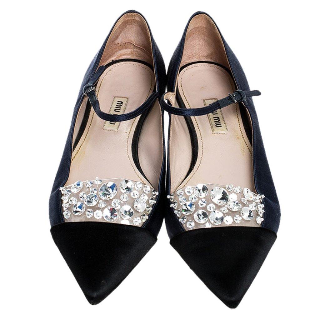 Black Satin Crystal Embellished Mary Jane Pointed Toe Ballet Flats Size 38.5