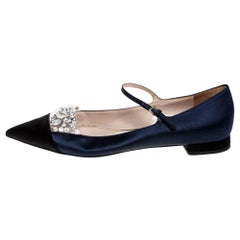 Satin Crystal Embellished Mary Jane Pointed Toe Ballet Flats Size 38.5