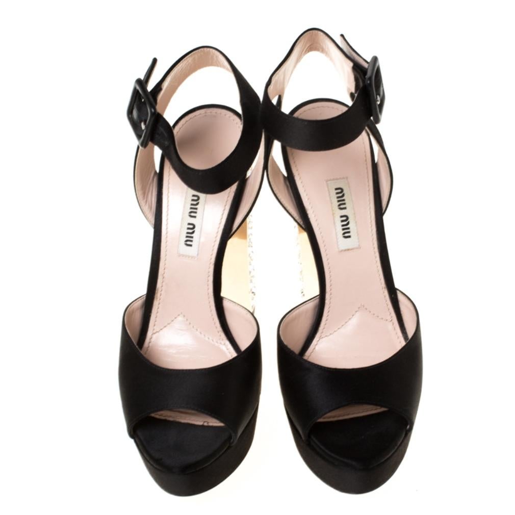 Black Satin Embellished Block Heel Peep Toe Platform Ankle Strap Sandals Size 37.5