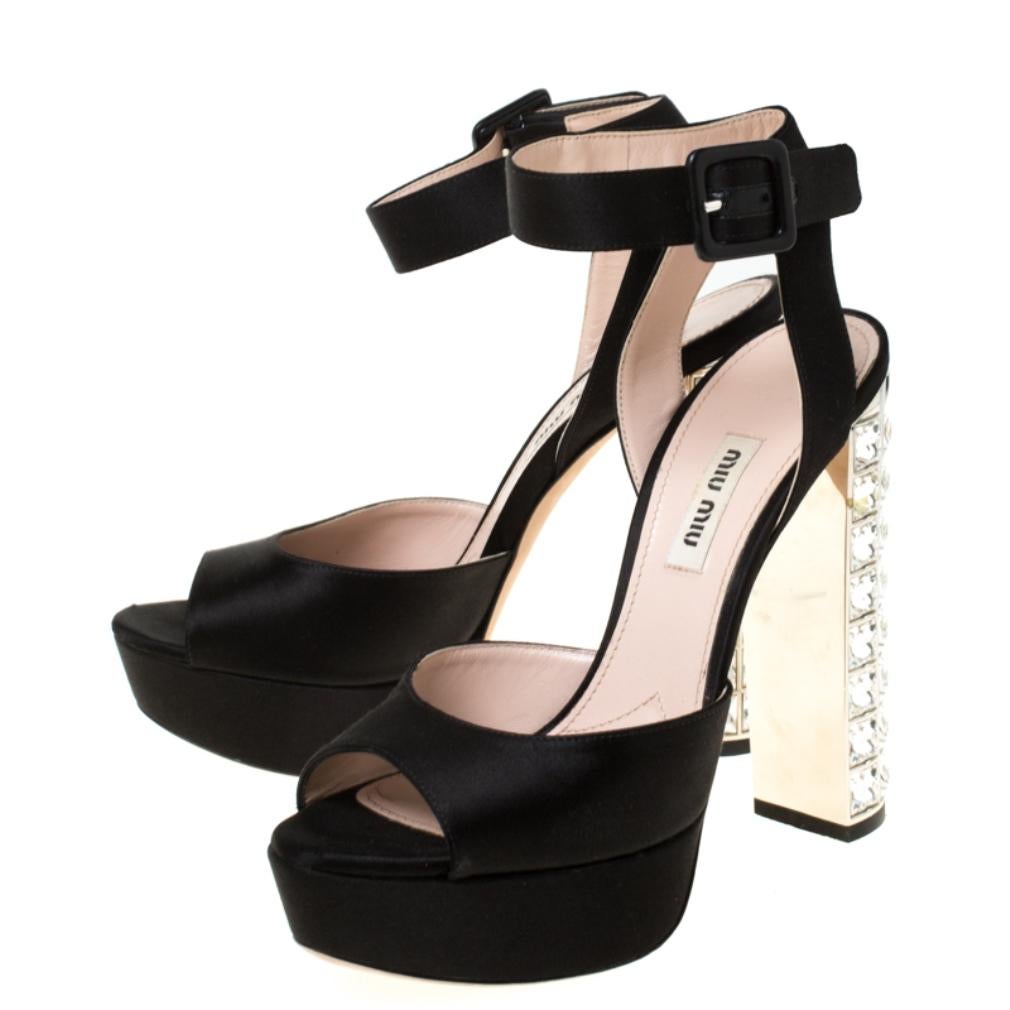 Satin Embellished Block Heel Peep Toe Platform Ankle Strap Sandals Size 37.5 In Good Condition In Dubai, Al Qouz 2