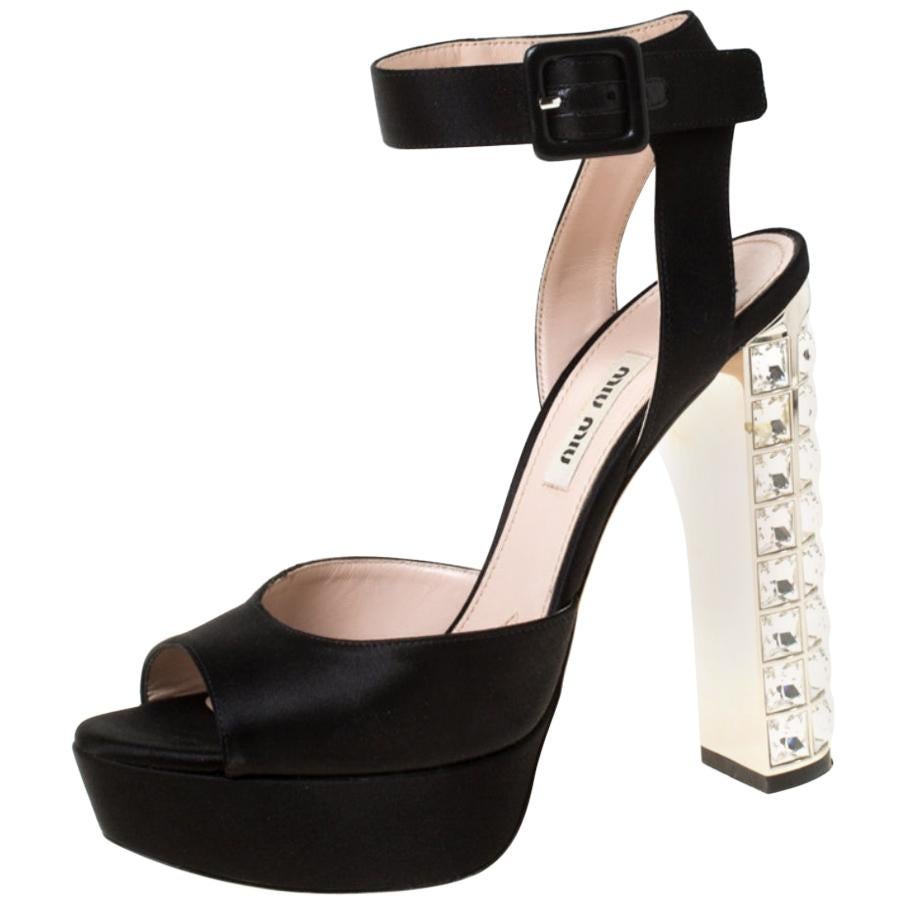 Satin Embellished Block Heel Peep Toe Platform Ankle Strap Sandals Size 37.5