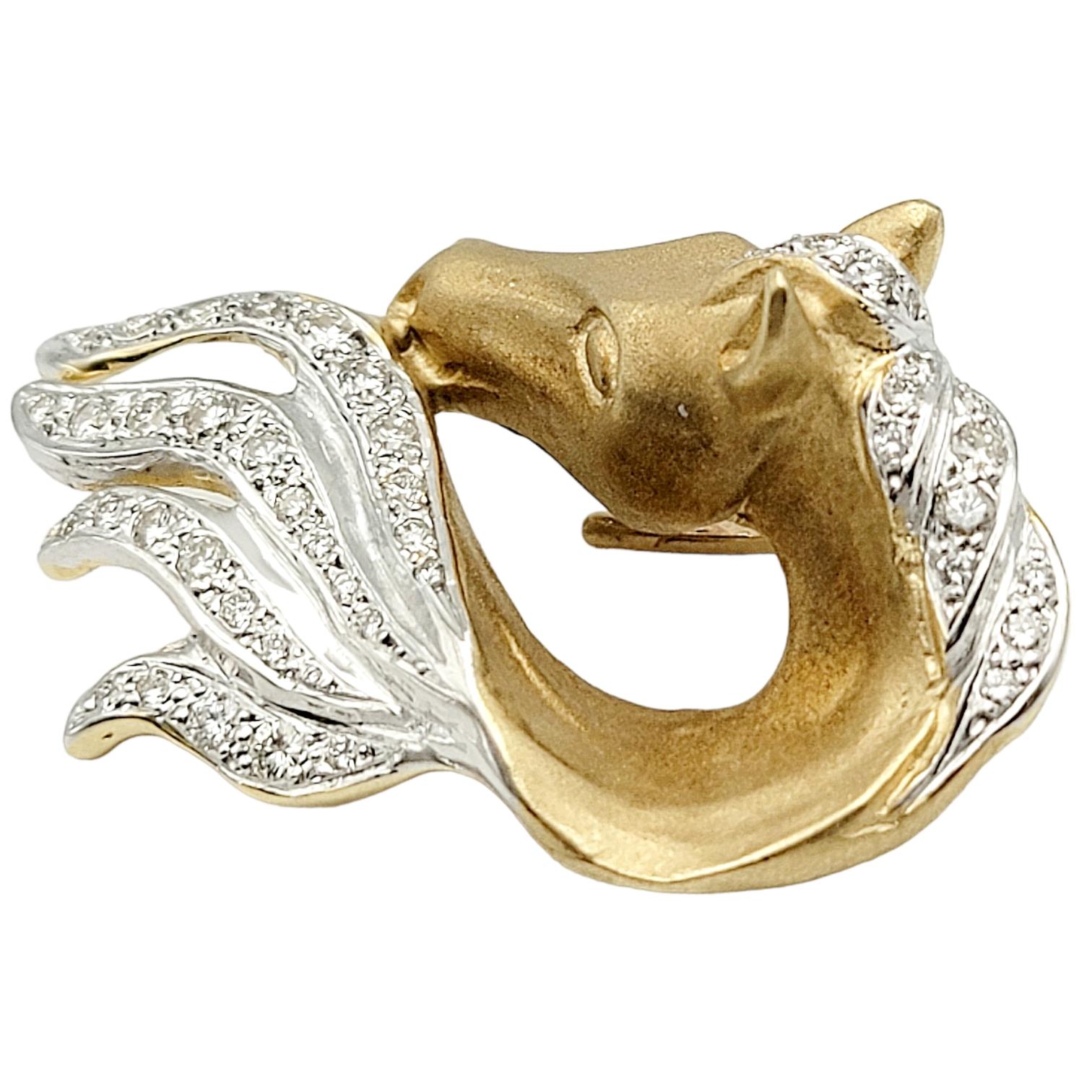 Satin Finish 14 Karat Yellow Gold Horse Head Pendant / Enhancer with Diamonds In Excellent Condition In Scottsdale, AZ