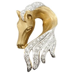 Satin Finish 14 Karat Yellow Gold Horse Head Pendant / Enhancer with Diamonds