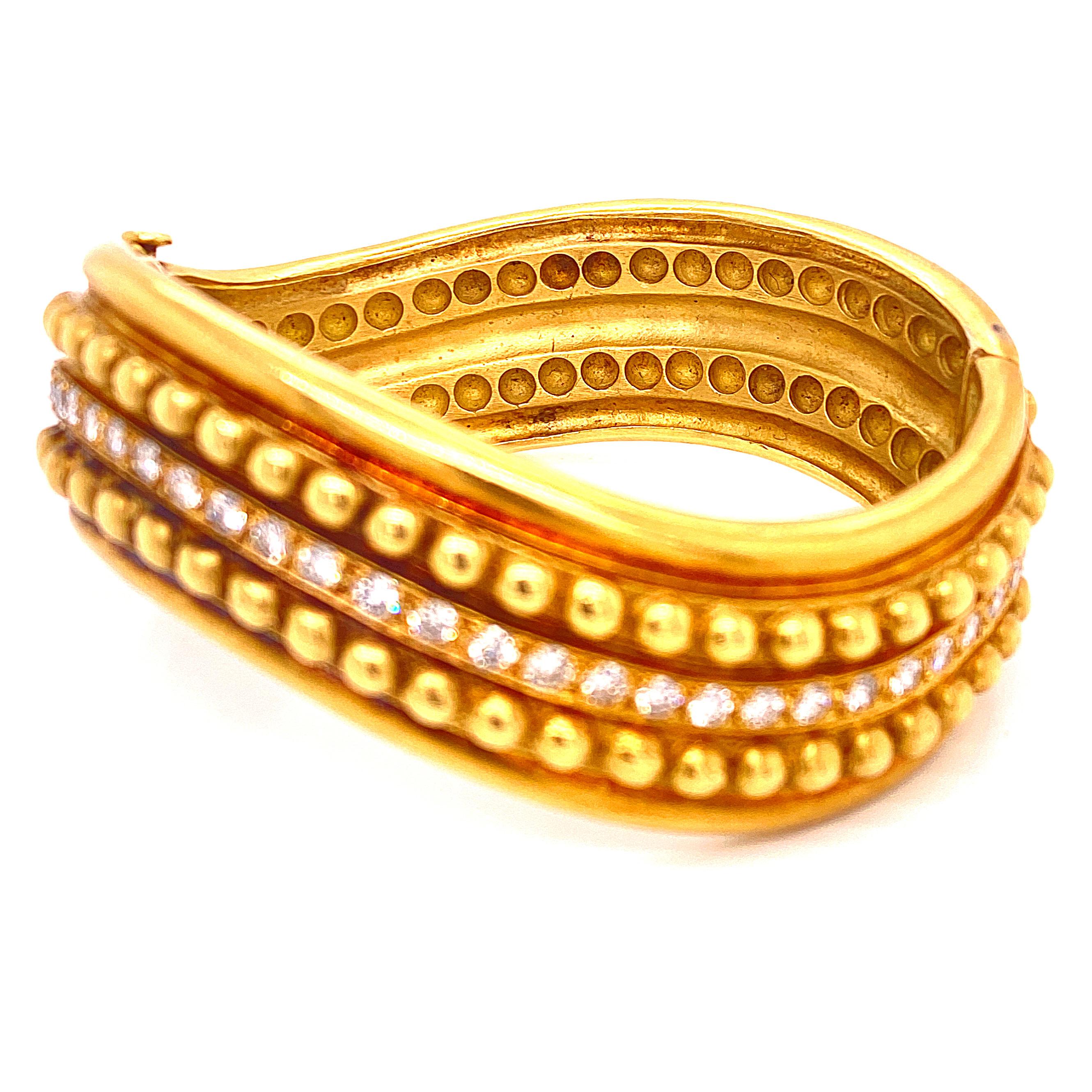 Women's Satin Finish 18 Karat Yellow Gold Diamond Textured Hinged Bangle Bracelet Modern