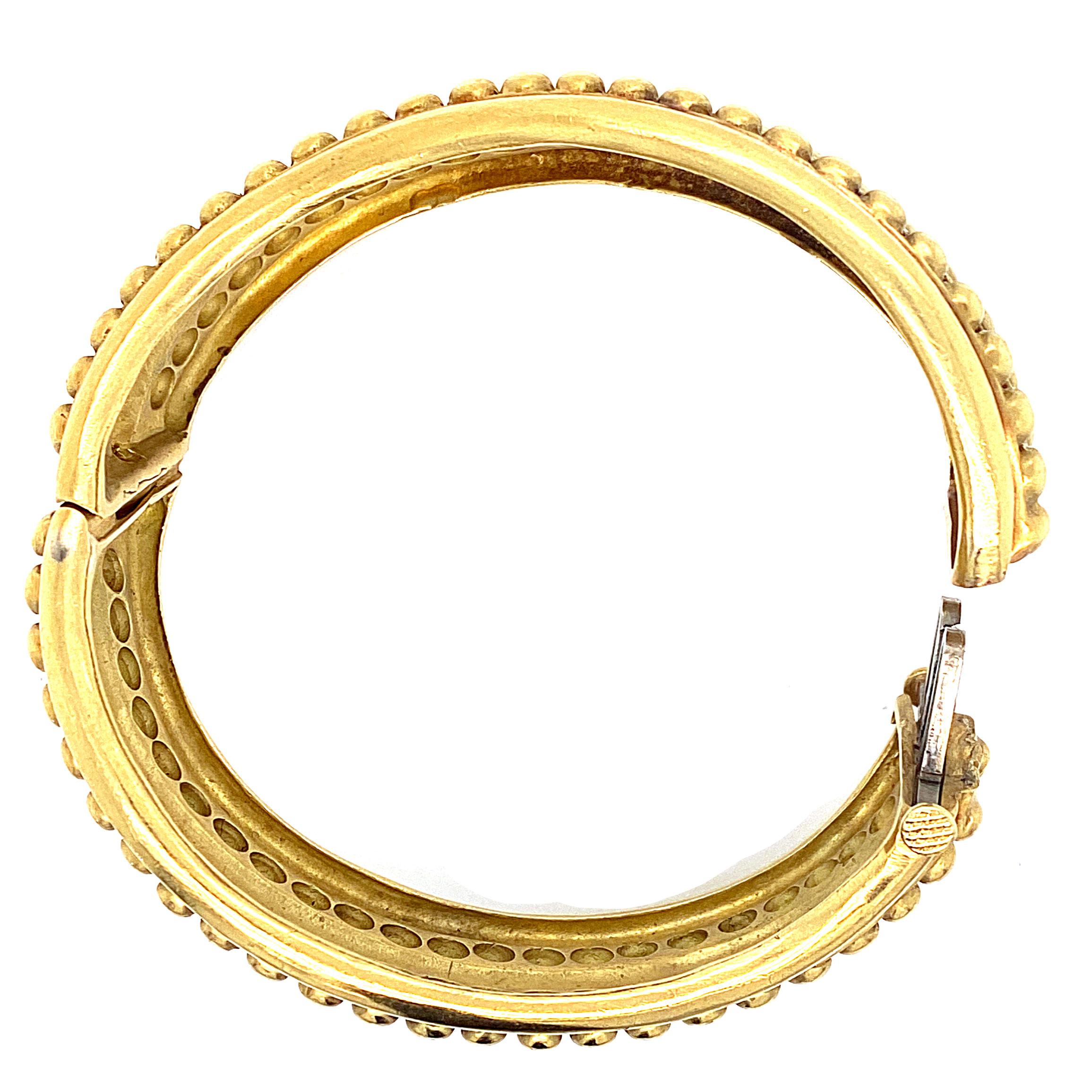 Satin Finish 18 Karat Yellow Gold Diamond Textured Hinged Bangle Bracelet Modern 2
