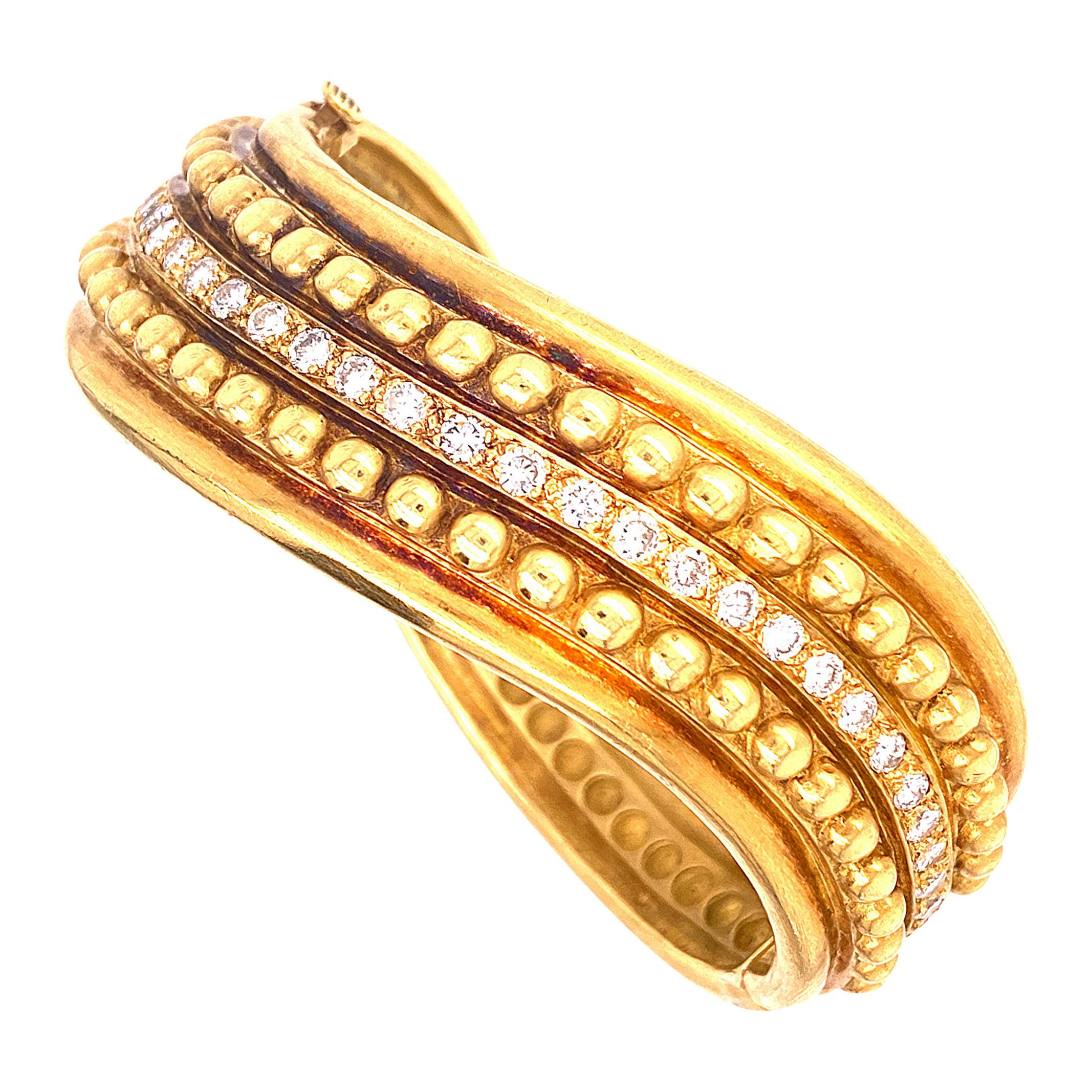 Satin Finish 18 Karat Yellow Gold Diamond Textured Hinged Bangle Bracelet Modern