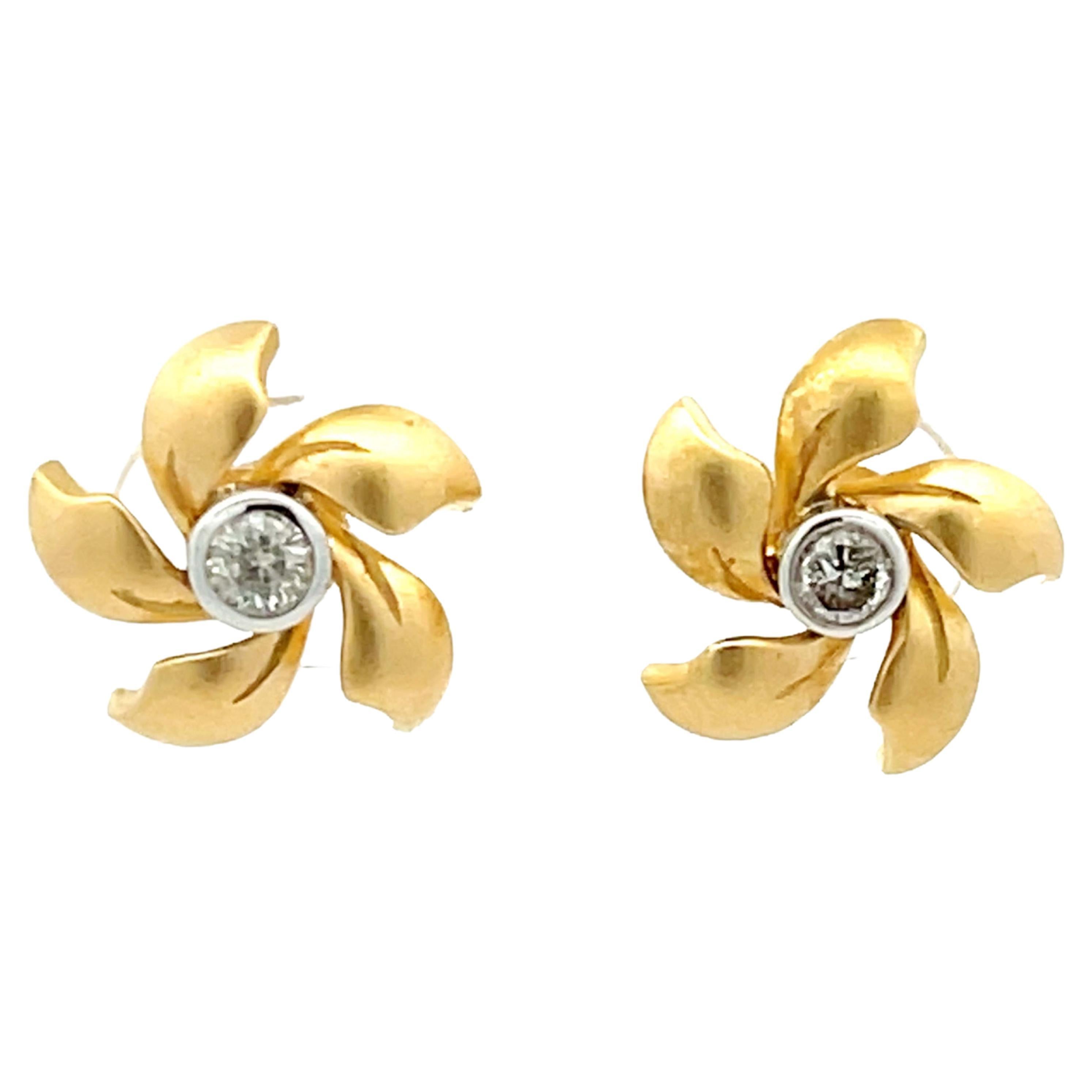 Satin Finish Flower and Diamond Center Stud Earrings in 14k Yellow Gold For Sale