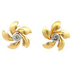 Satin Finish Flower and Diamond Center Stud Earrings in 14k Yellow Gold