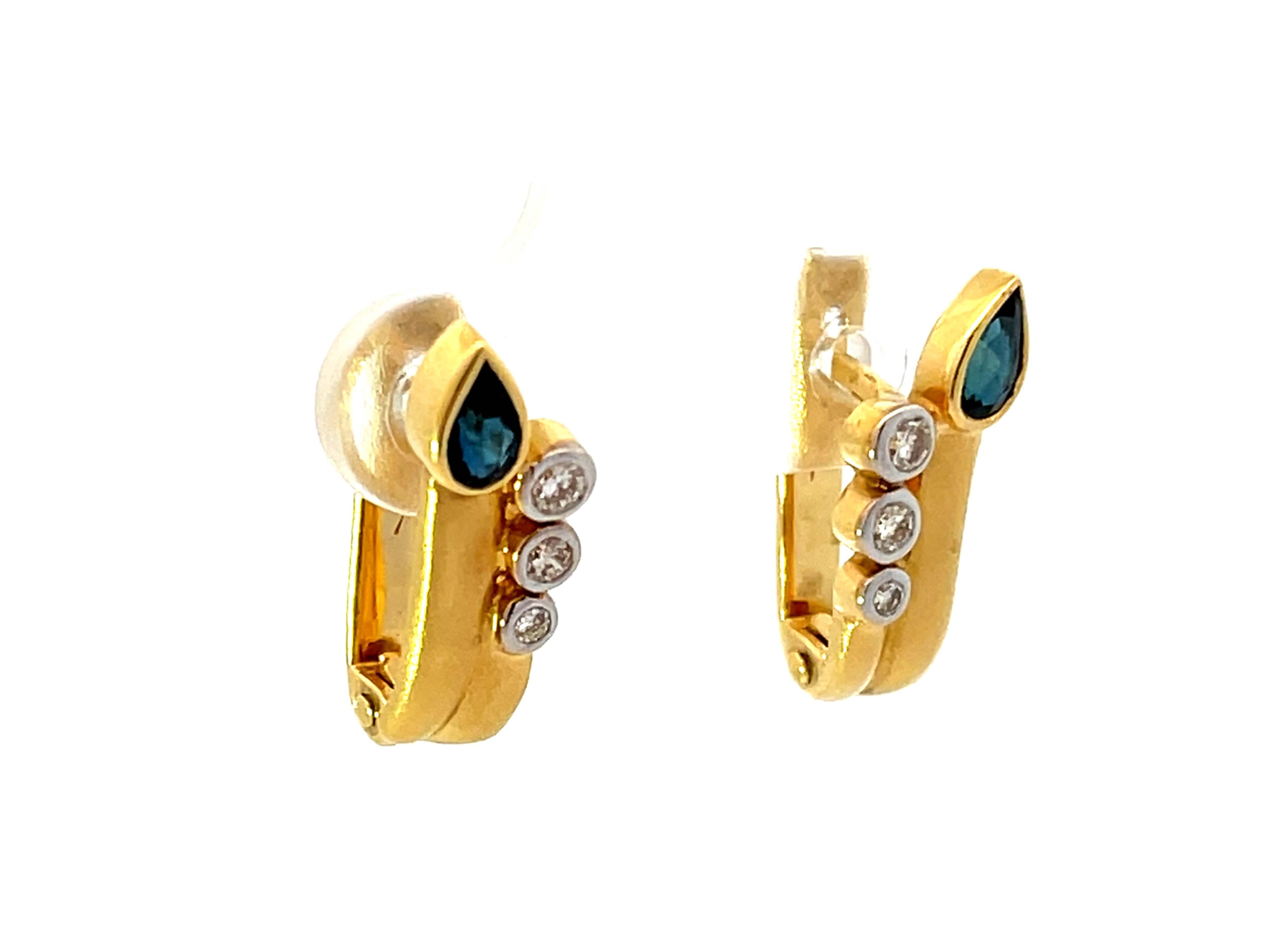 Modern Satin Finish Sapphire and Diamond Earrings 18K Yellow Gold For Sale