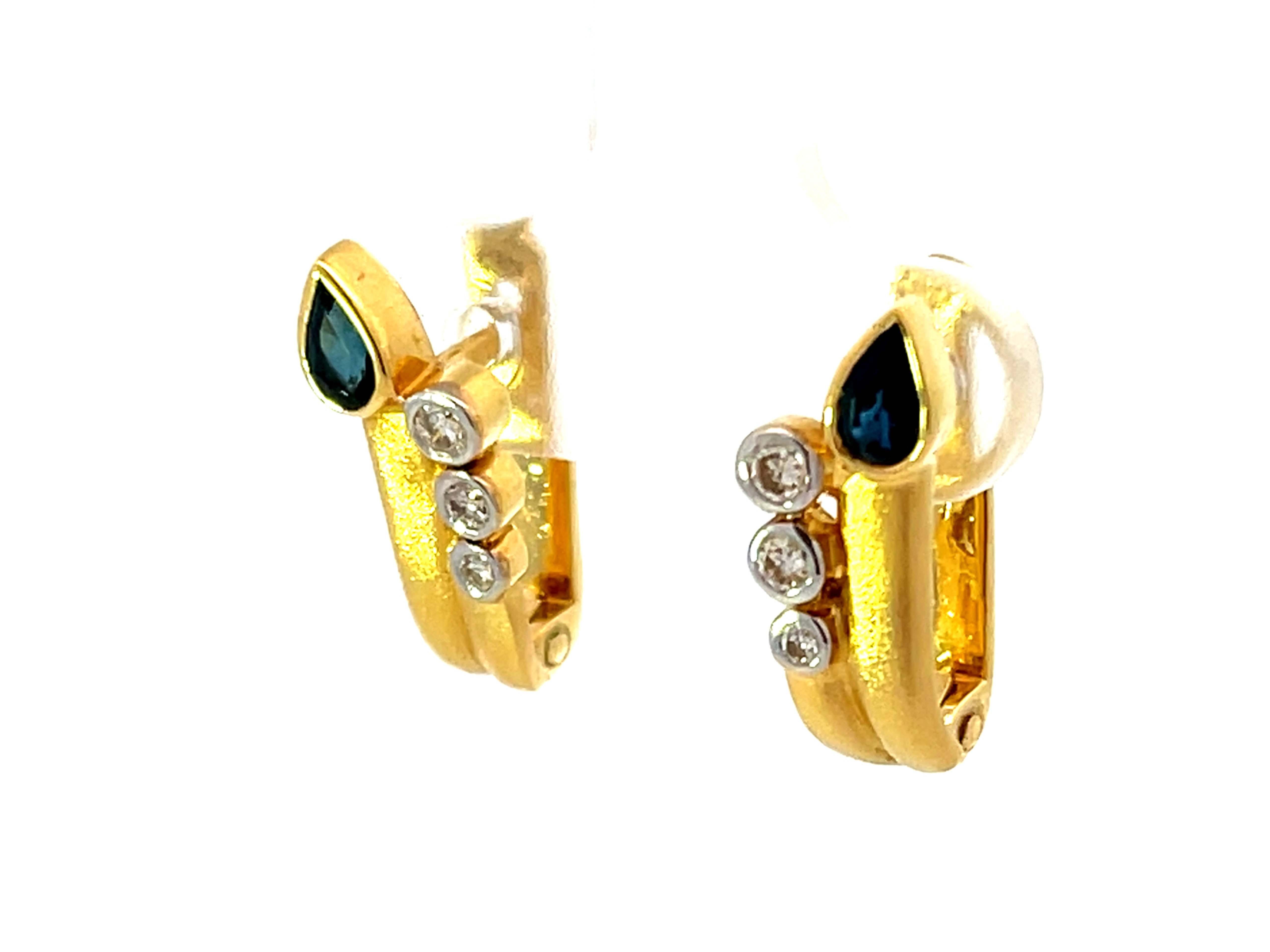 Brilliant Cut Satin Finish Sapphire and Diamond Earrings 18K Yellow Gold For Sale
