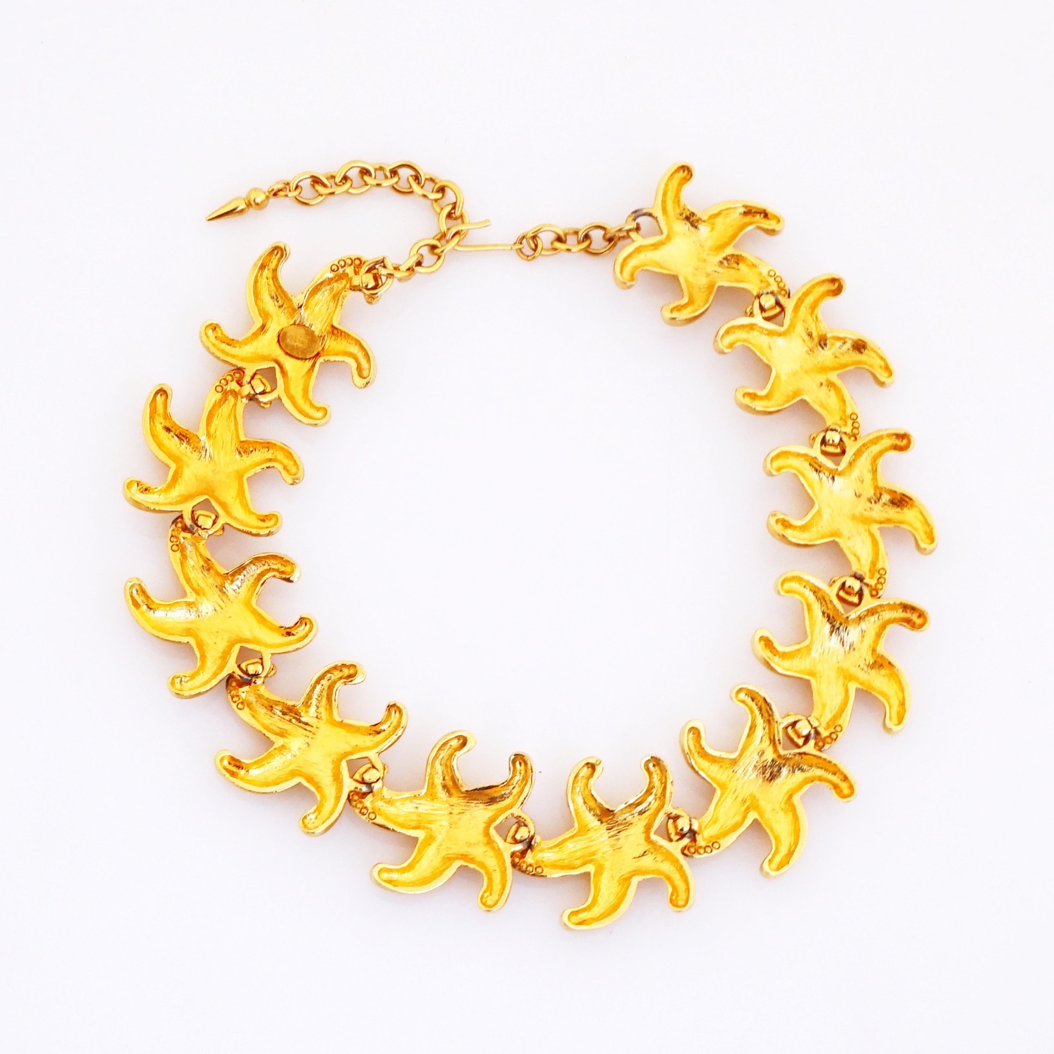 Modern Satin Gilt Starfish Link Choker Necklace By Les Bernard, 1980s For Sale