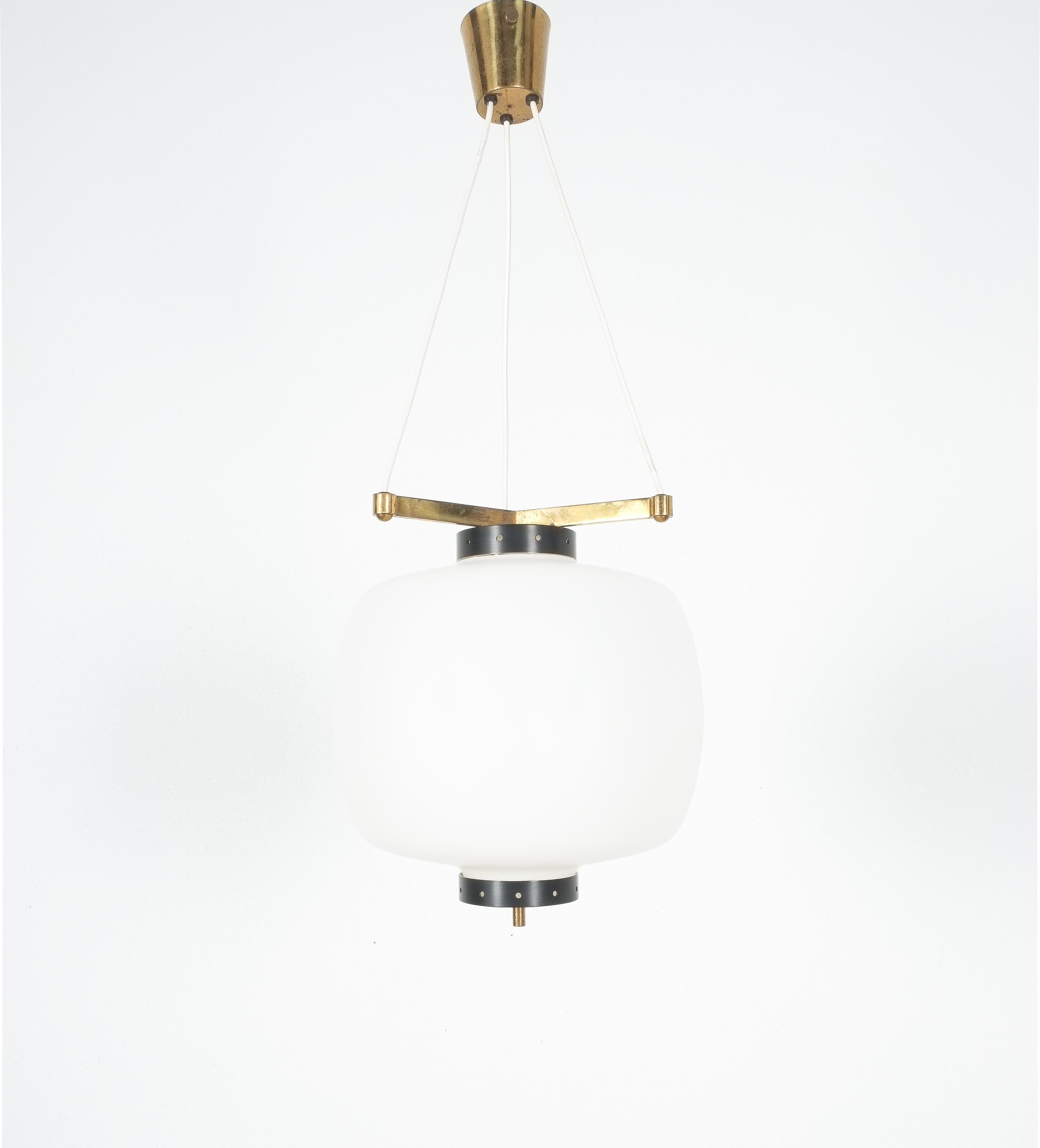 Satin Glass and Brass Suspension Pendant Lamp by Stilnovo, Italy, 1950 5