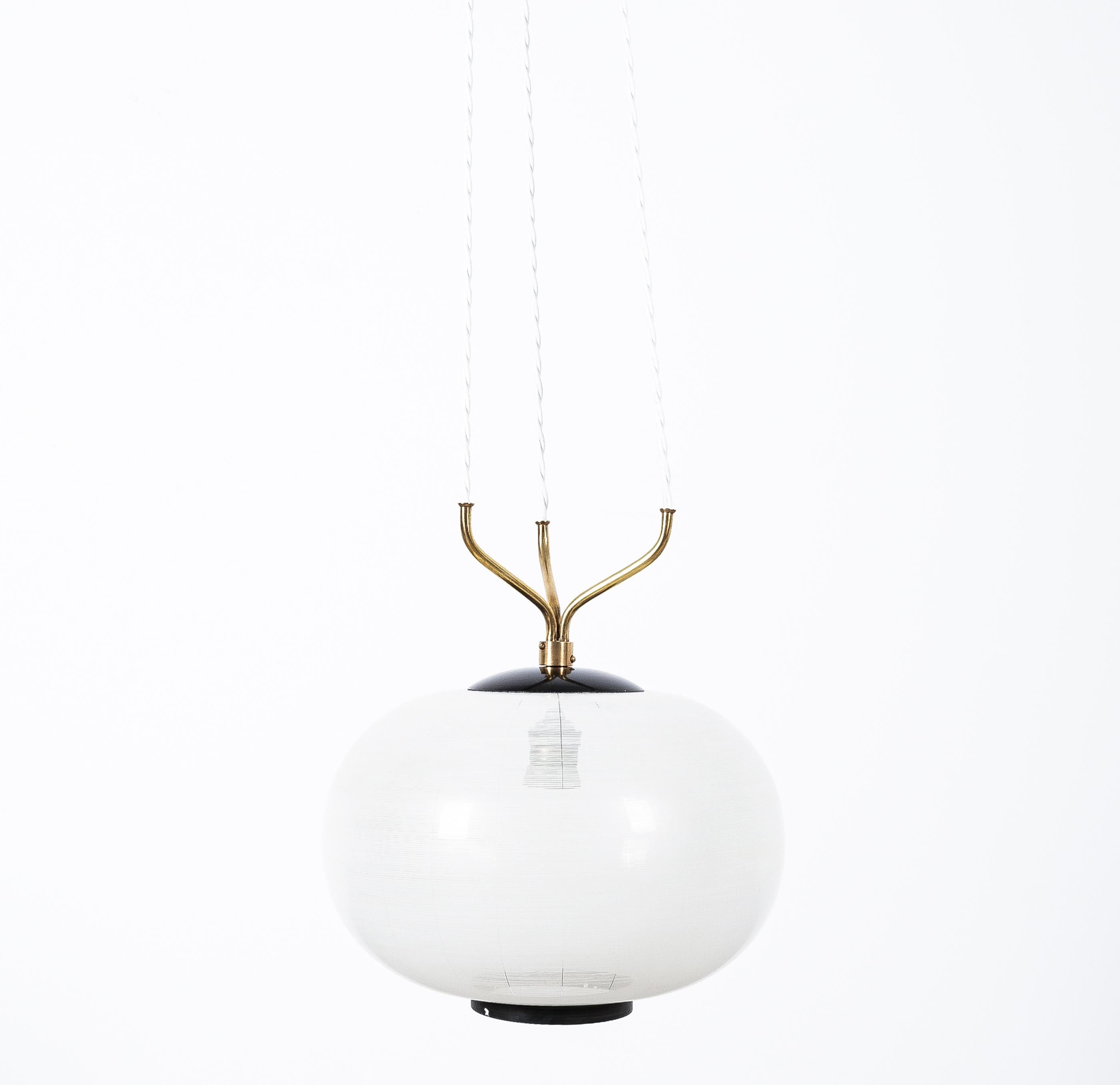 Satin Glass and Brass Suspension Pendant Lamp by Stilnovo, Italy, 1950 6