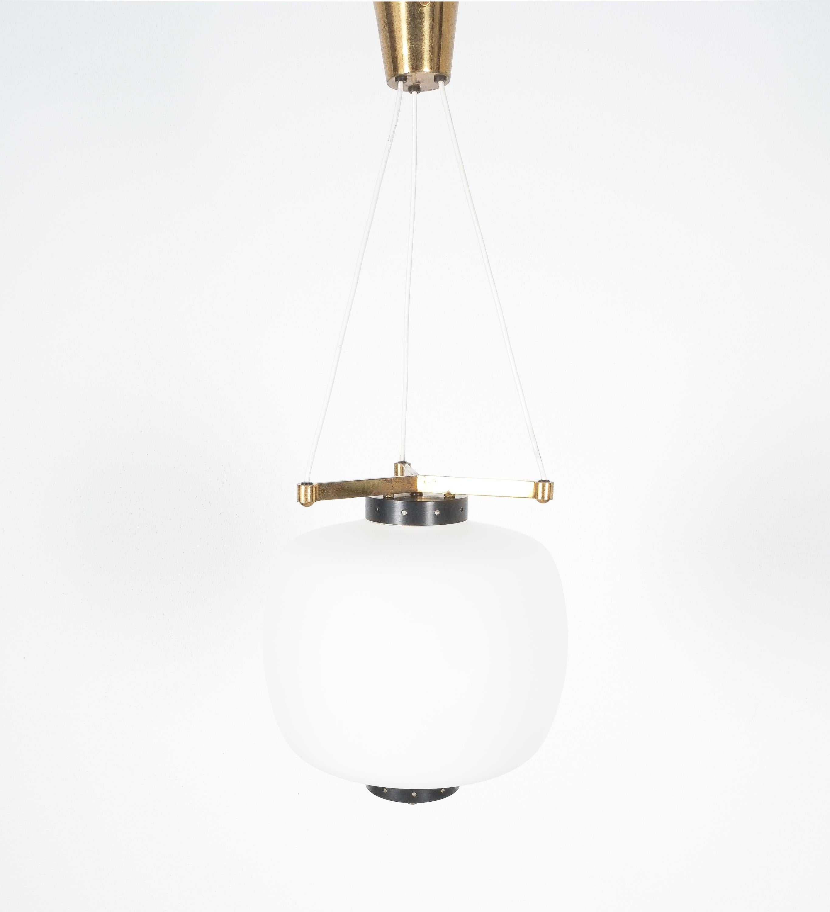 Satin Glass and Brass Suspension Pendant Lamp by Stilnovo, Italy, 1950 6