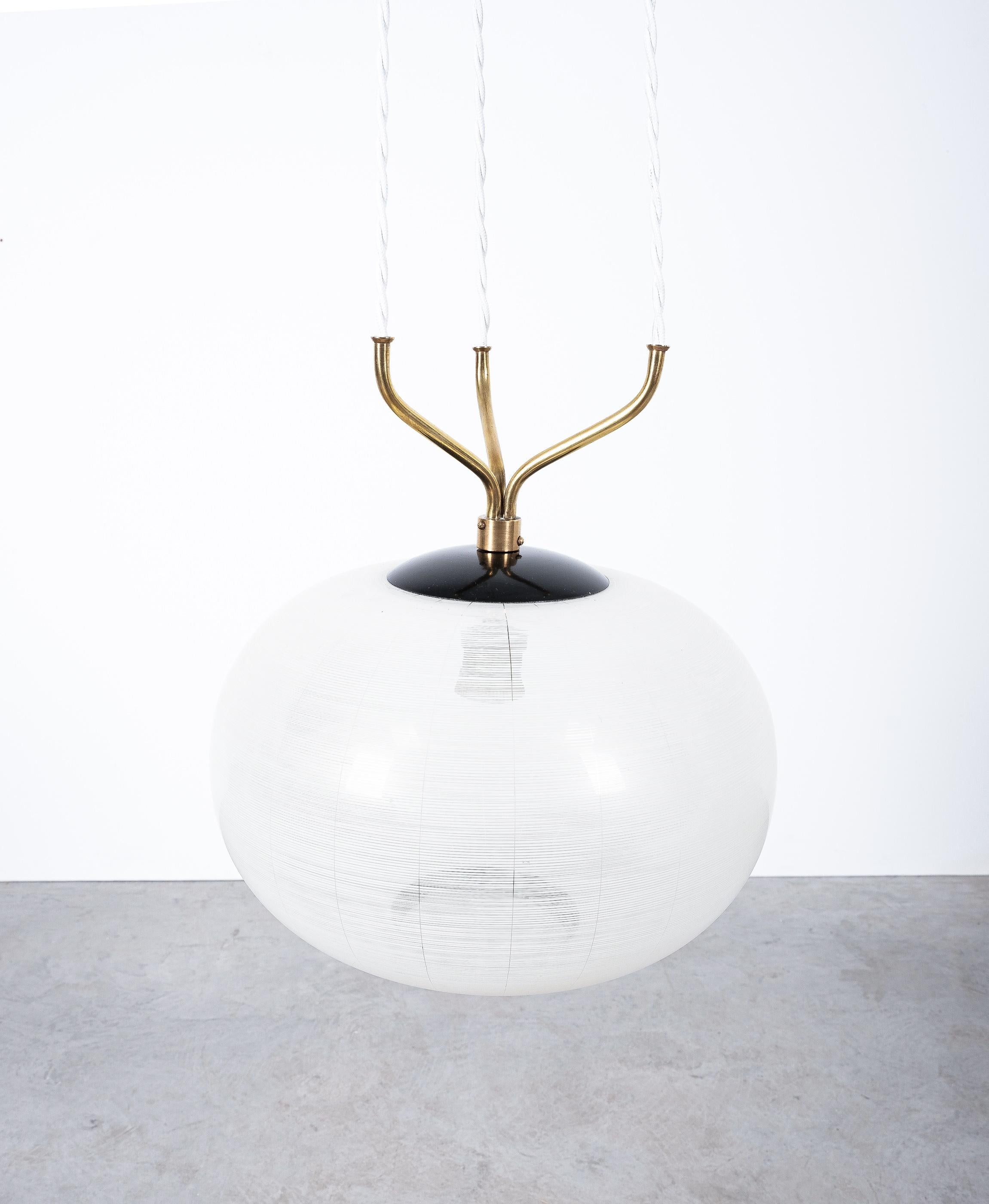 Mid-Century Modern Satin Glass and Brass Suspension Pendant Lamp by Stilnovo, Italy, 1950