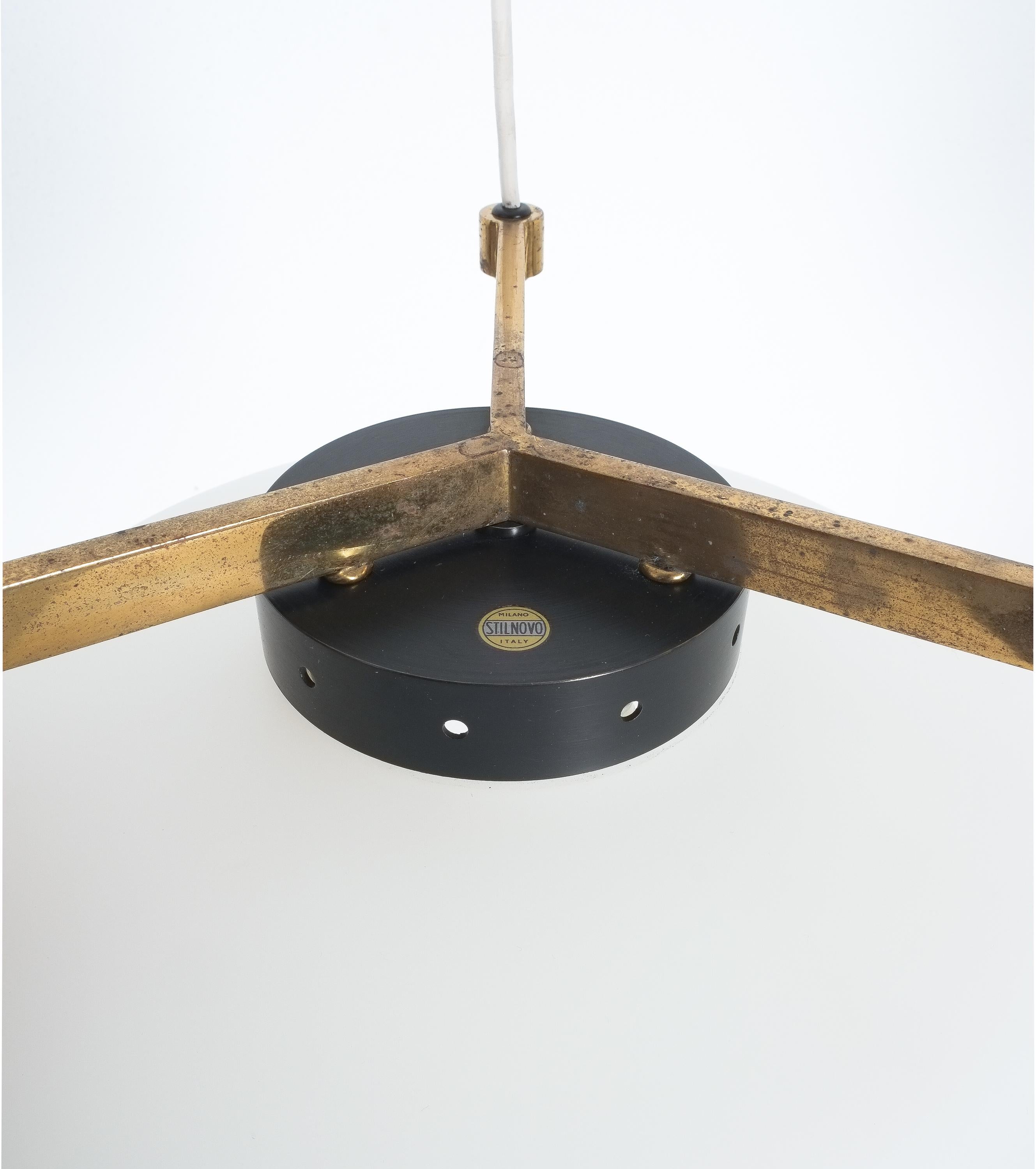 Mid-20th Century Satin Glass and Brass Suspension Pendant Lamp by Stilnovo, Italy, 1950