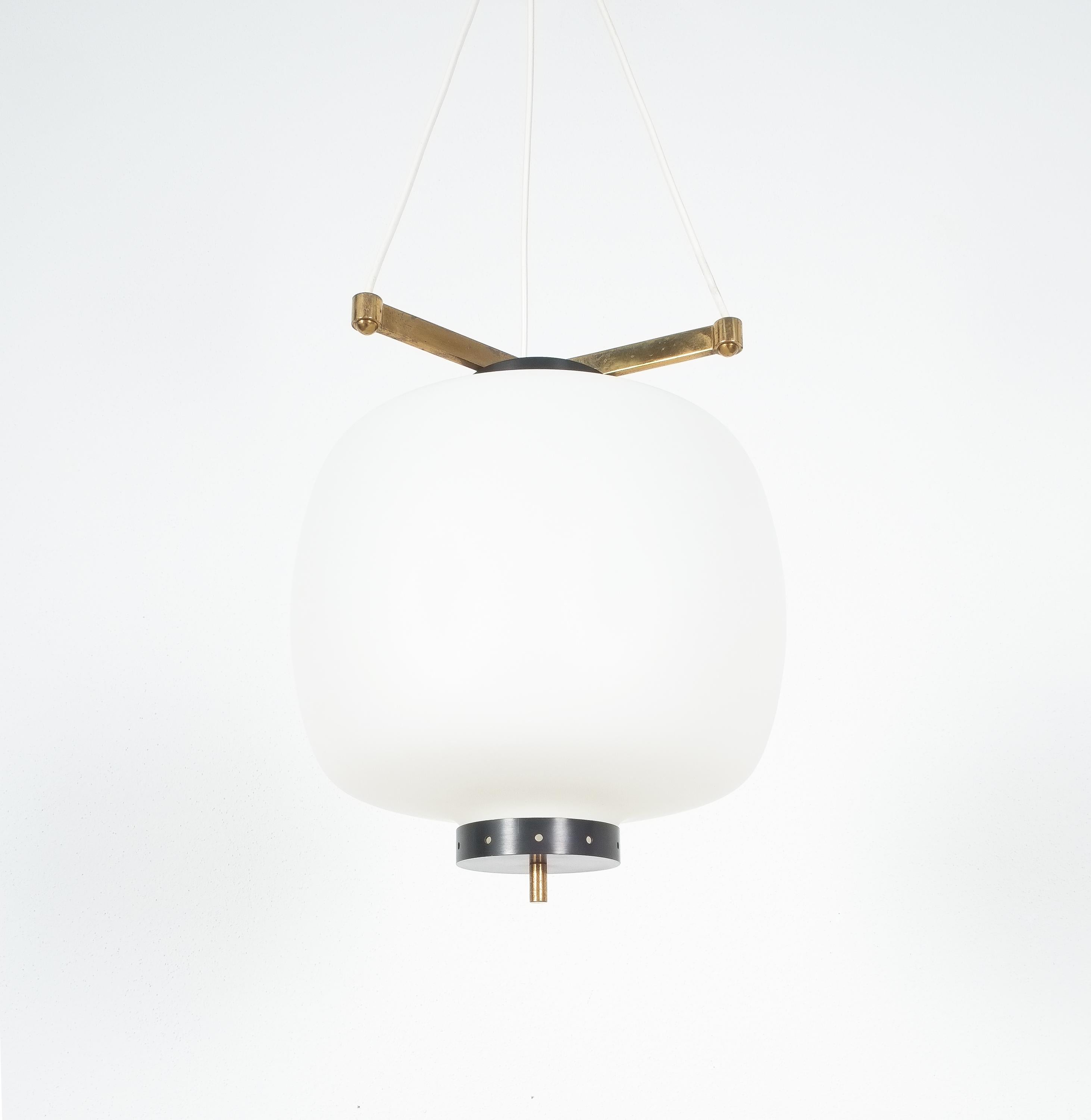 Satin Glass and Brass Suspension Pendant Lamp by Stilnovo, Italy, 1950 1