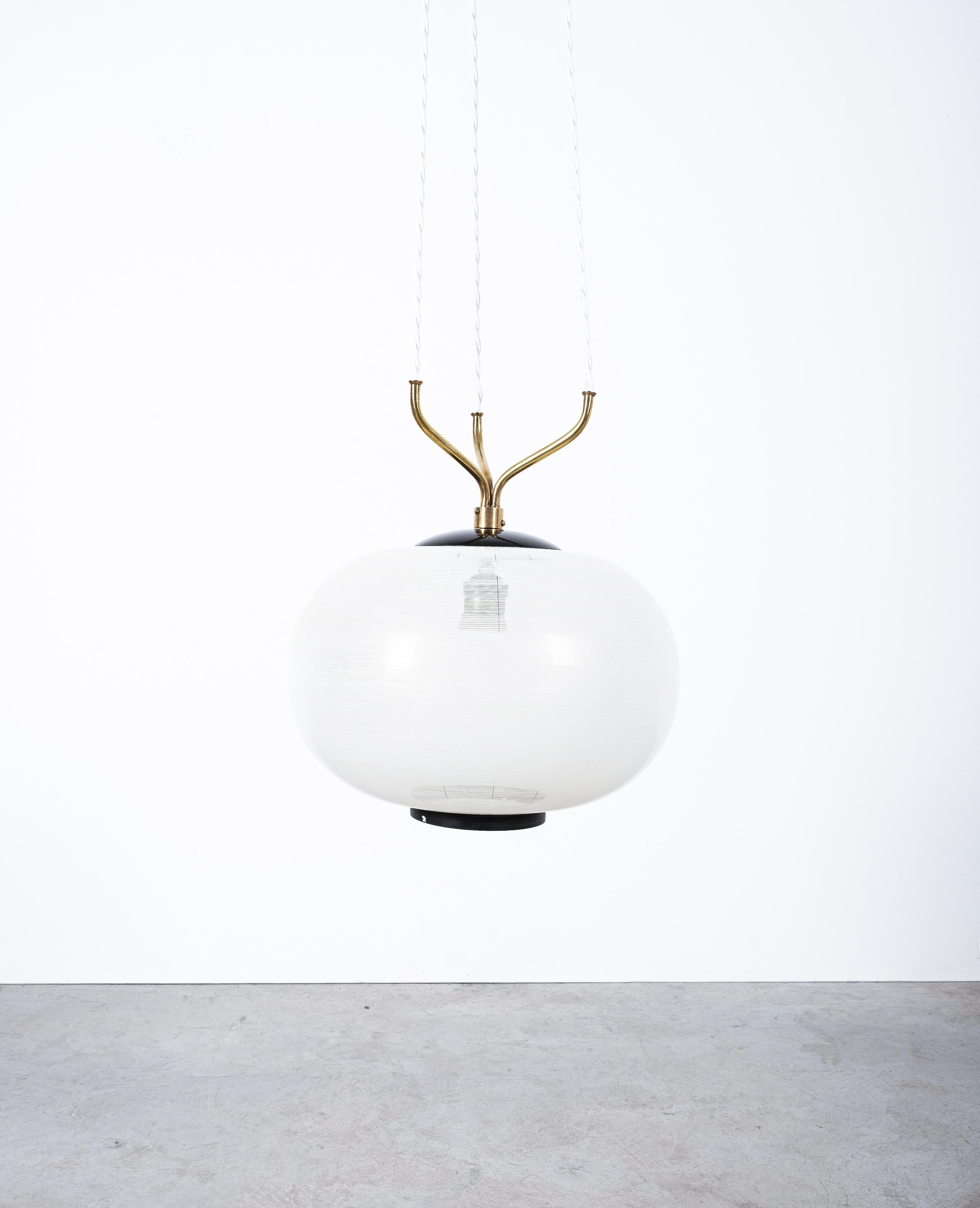 Satin Glass and Brass Suspension Pendant Lamp by Stilnovo, Italy, 1950 2
