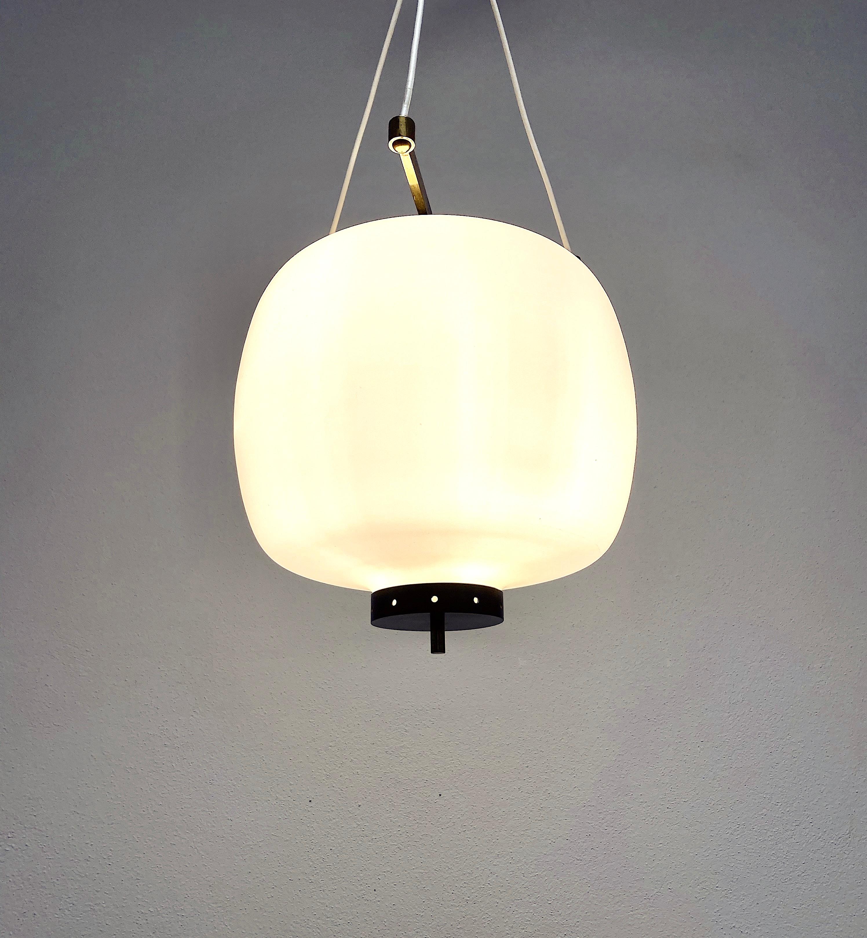 Satin Glass and Brass Suspension Pendant Lamp by Stilnovo, Italy, 1950 2