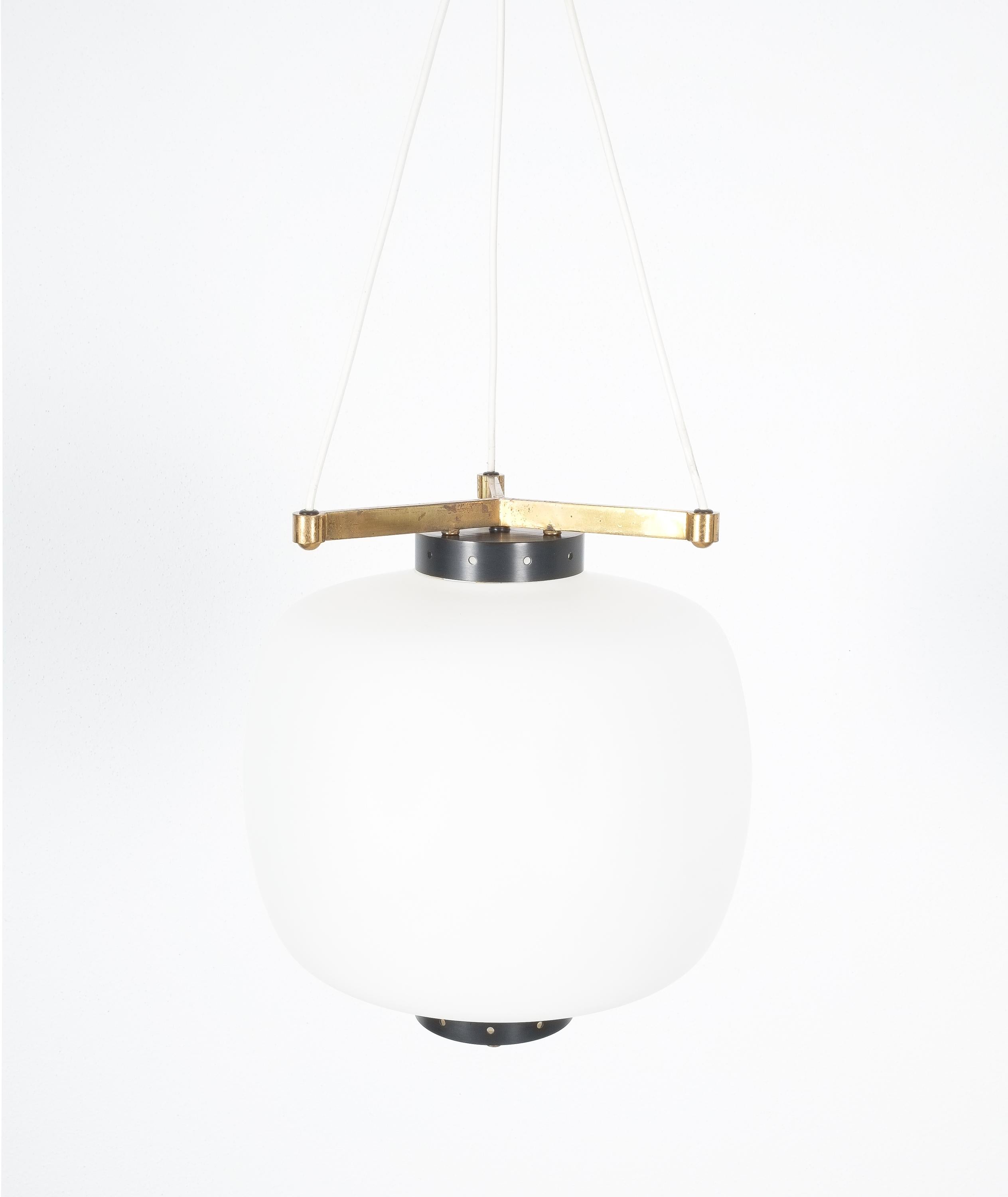 Satin Glass and Brass Suspension Pendant Lamp by Stilnovo, Italy, 1950 3
