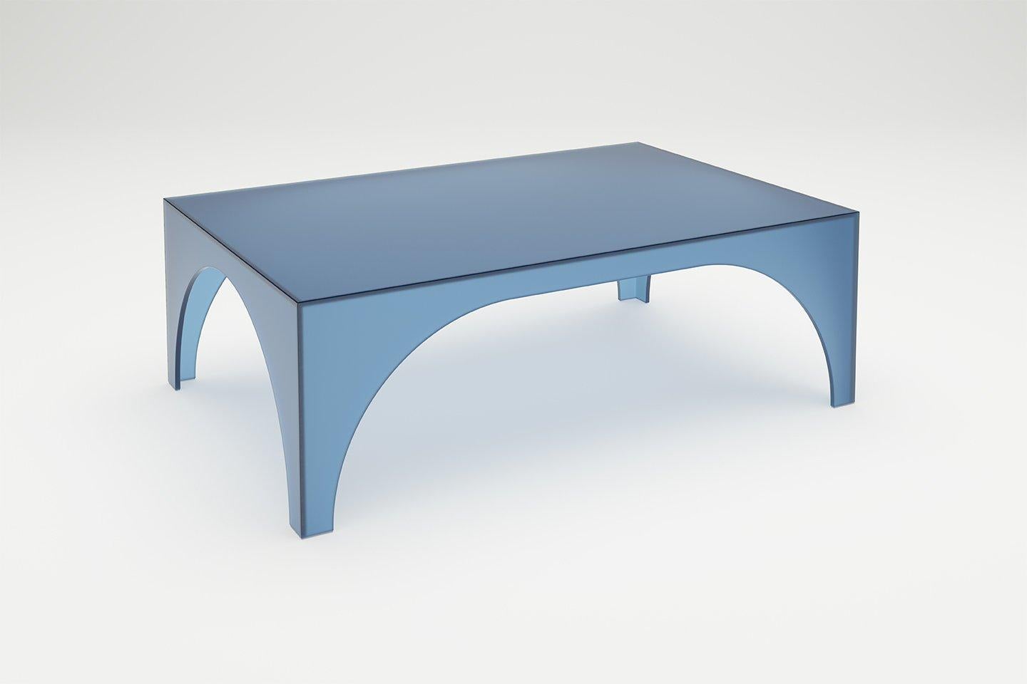 Satin glass black arc oblong coffee table by Sebastian Scherer
Material: satin glass
Also available in glass, clear glass, marble.
Dimensions: 105 x 70 x 35 cm
Colour: black
Also available in green, bronze, blue, white. 

The Arc series is
