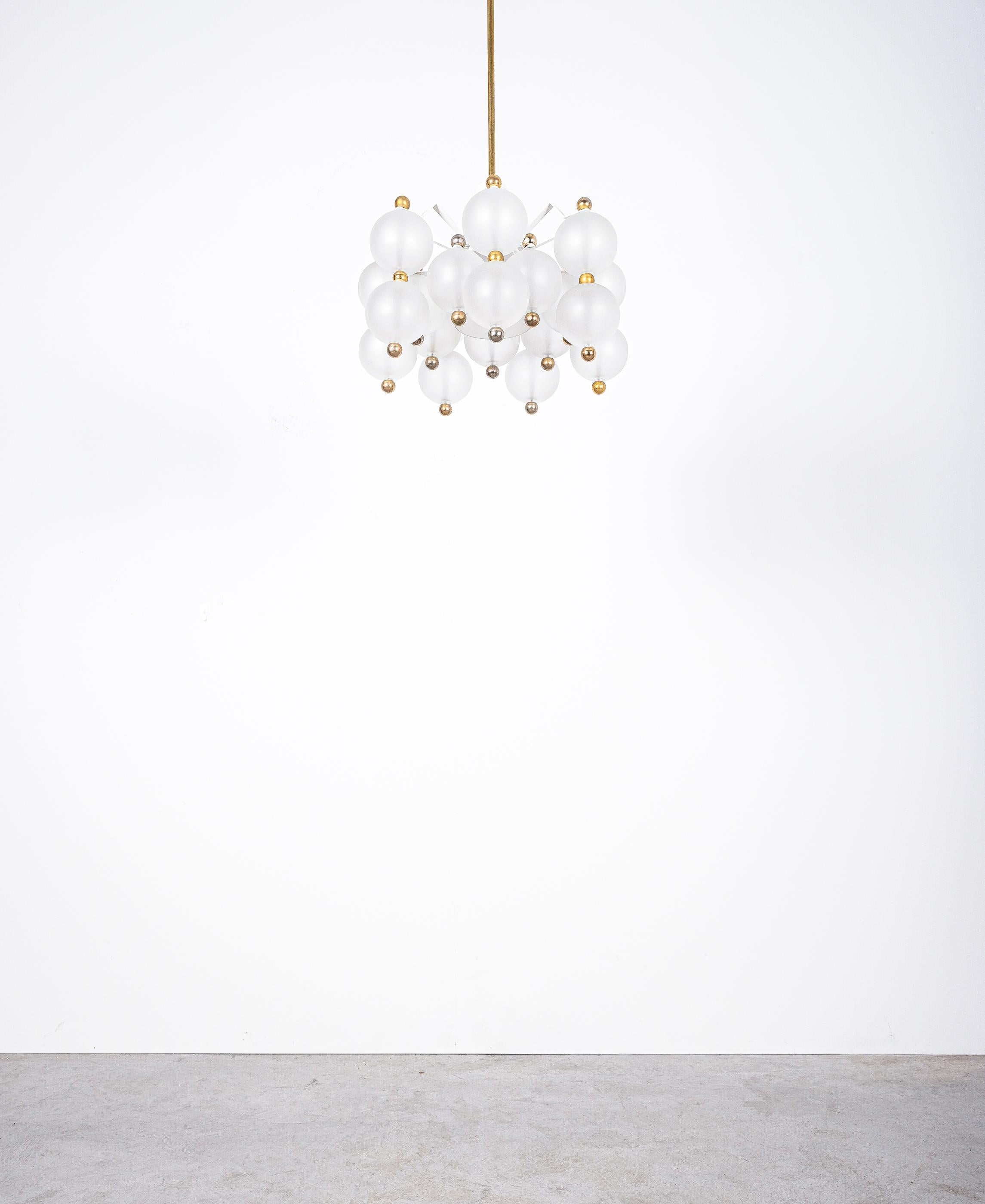 Mid-Century Modern Satin Glass Chandeliers '2' by Kinkeldey with Gold Knobs, circa 1970 For Sale