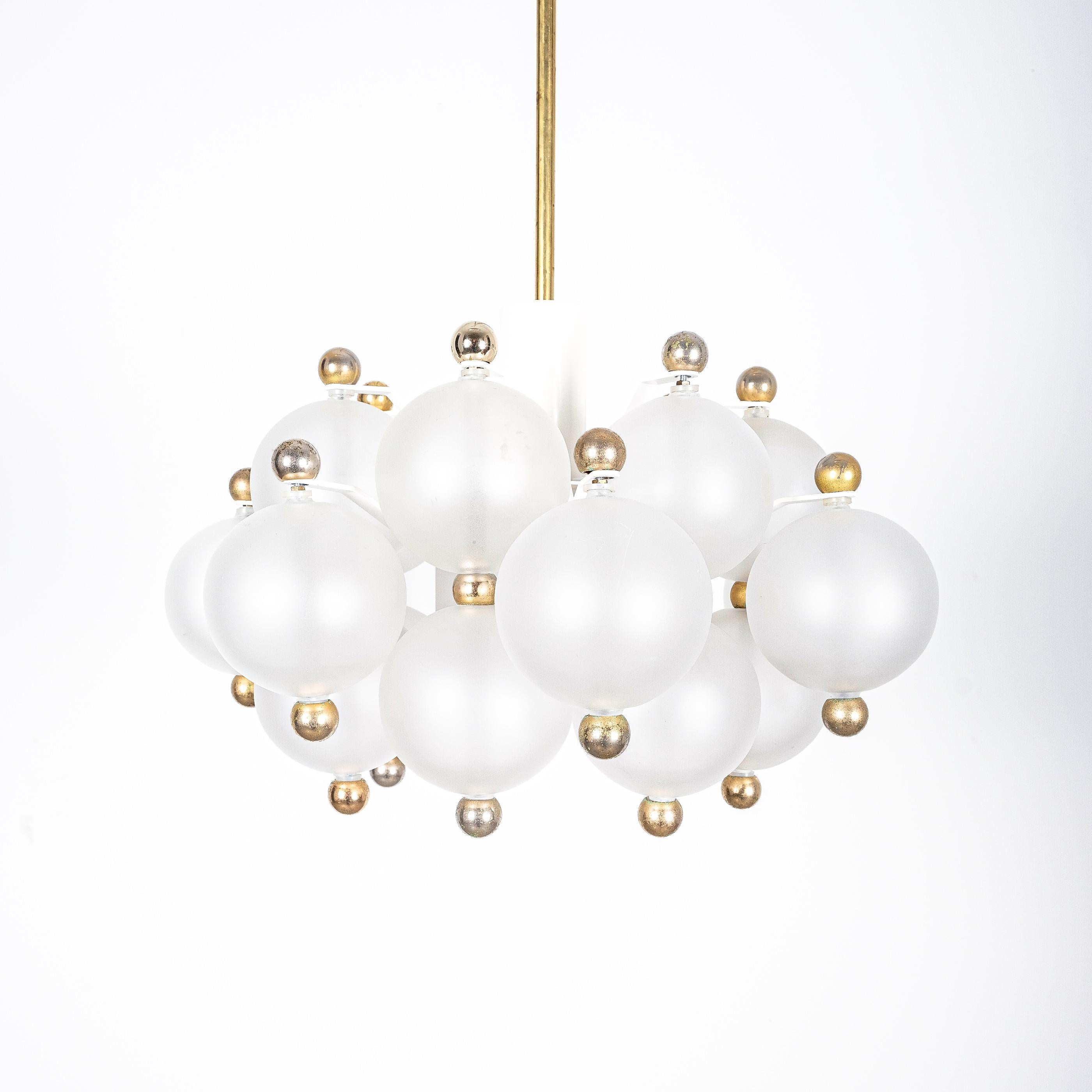 Mid-Century Modern Satin Glass Chandeliers '2' by Kinkeldey with Gold Knobs, circa 1970 For Sale