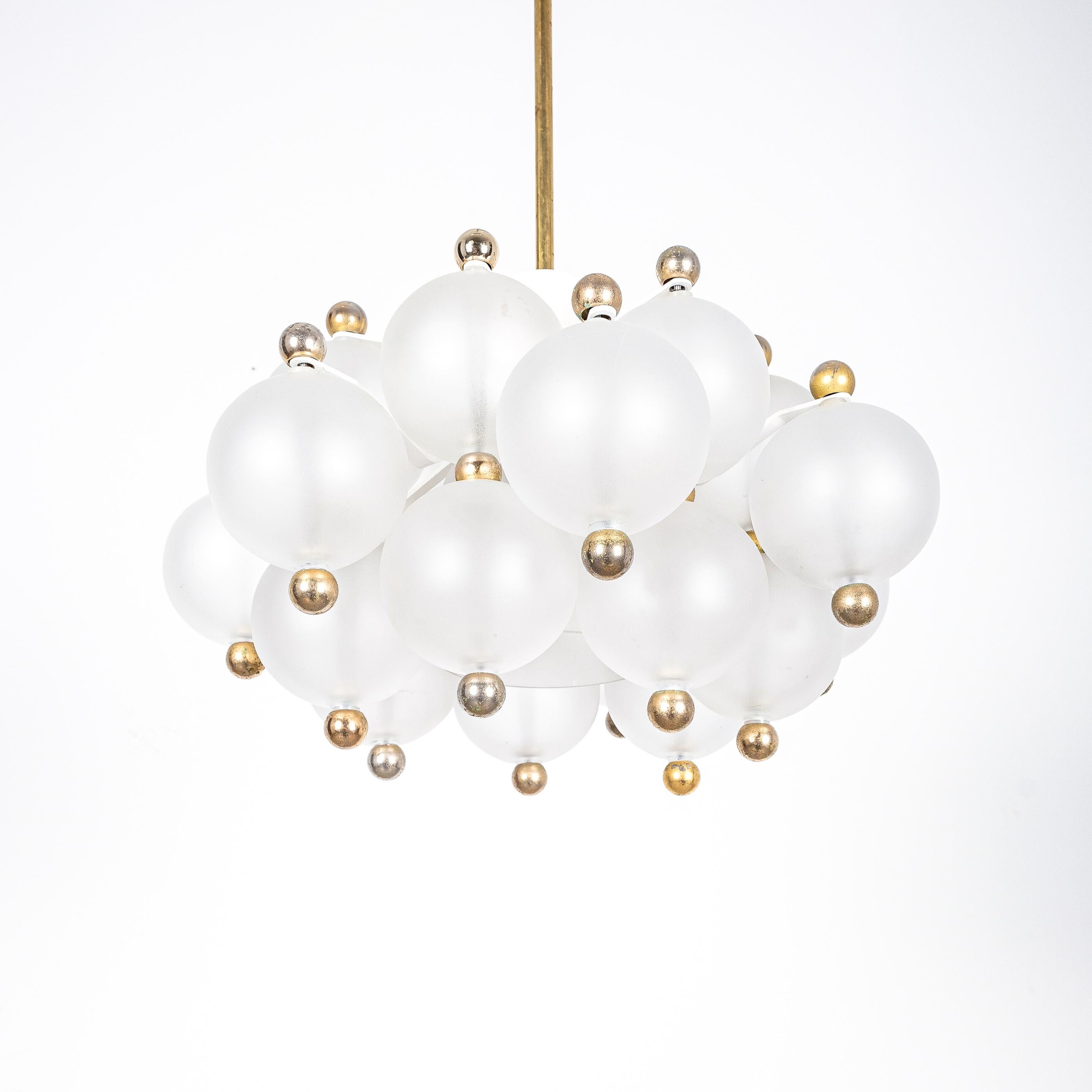 German Satin Glass Chandeliers '2' by Kinkeldey with Gold Knobs, circa 1970 For Sale