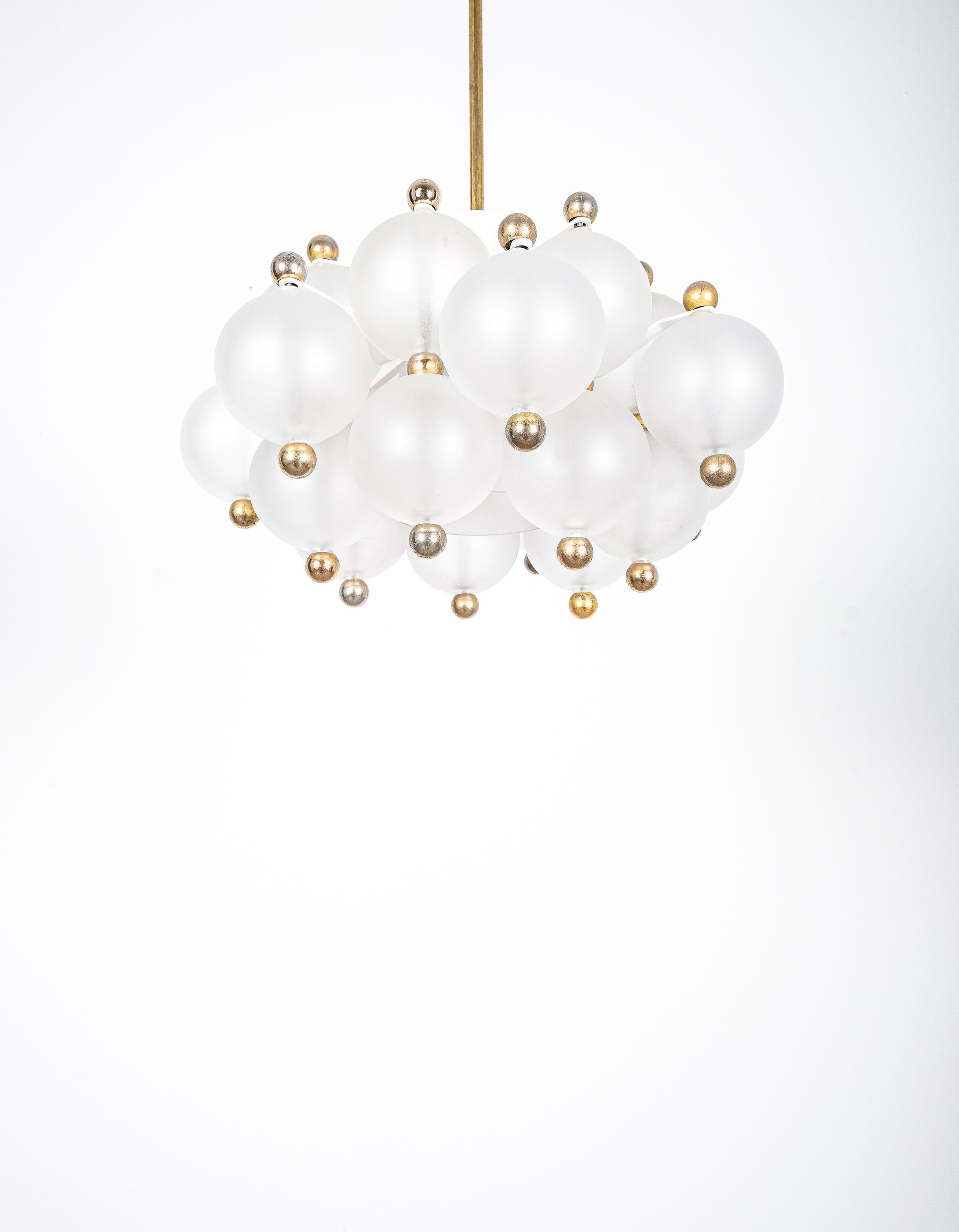 Late 20th Century Satin Glass Chandeliers '2' by Kinkeldey with Gold Knobs, circa 1970 For Sale