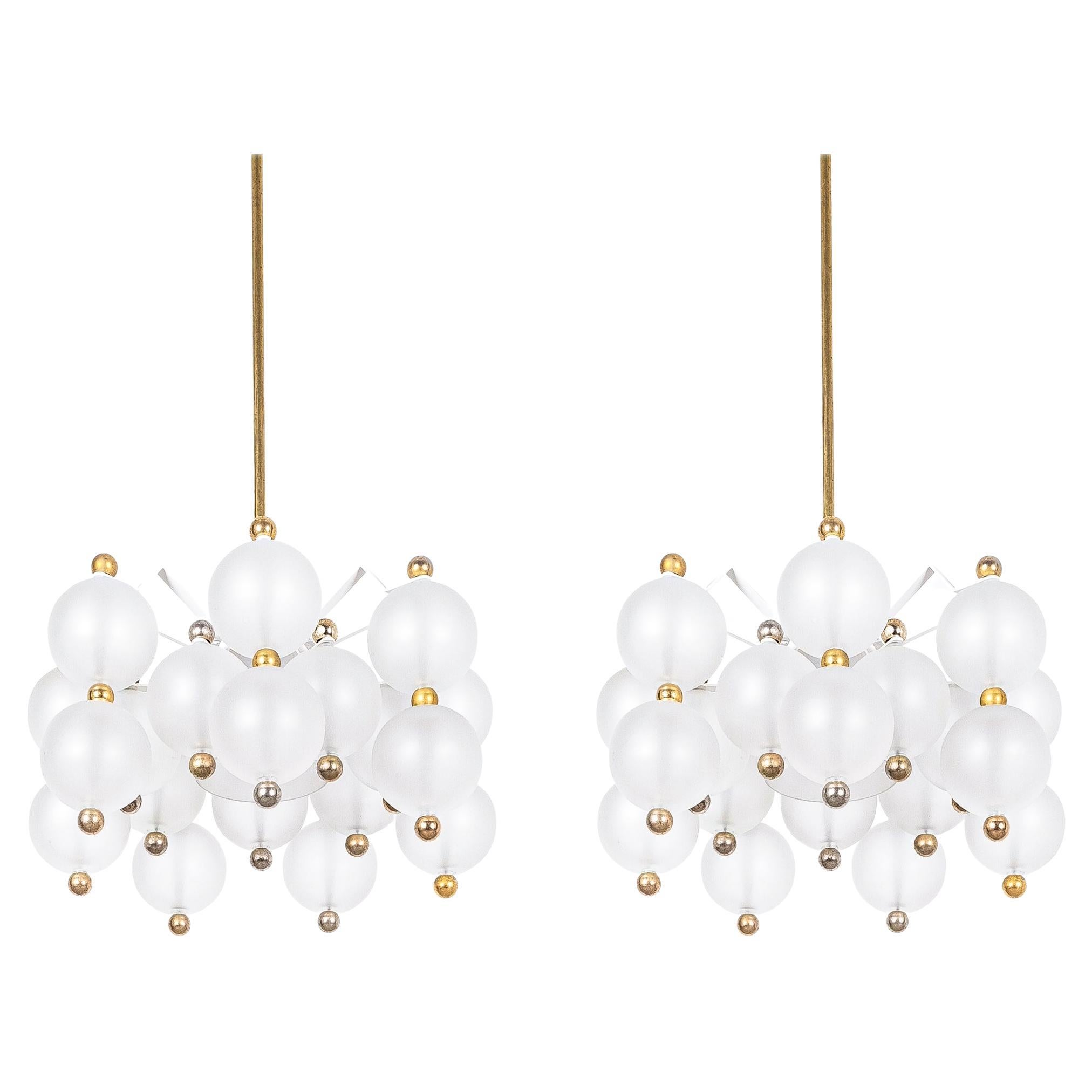 Satin Glass Chandeliers '2' by Kinkeldey with Gold Knobs, circa 1970 For Sale