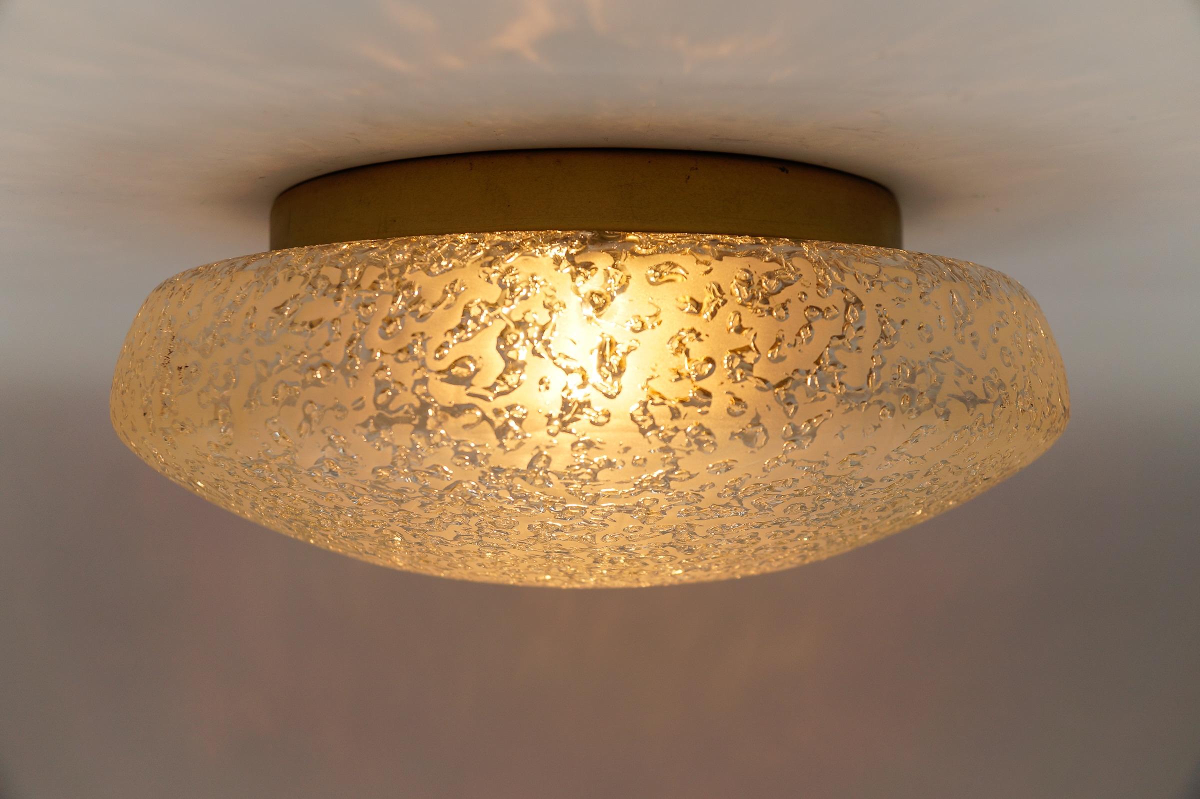 Mid-20th Century Frosted Ice Glass Flush Mount from Doria Leuchten, Germany, 1960s For Sale