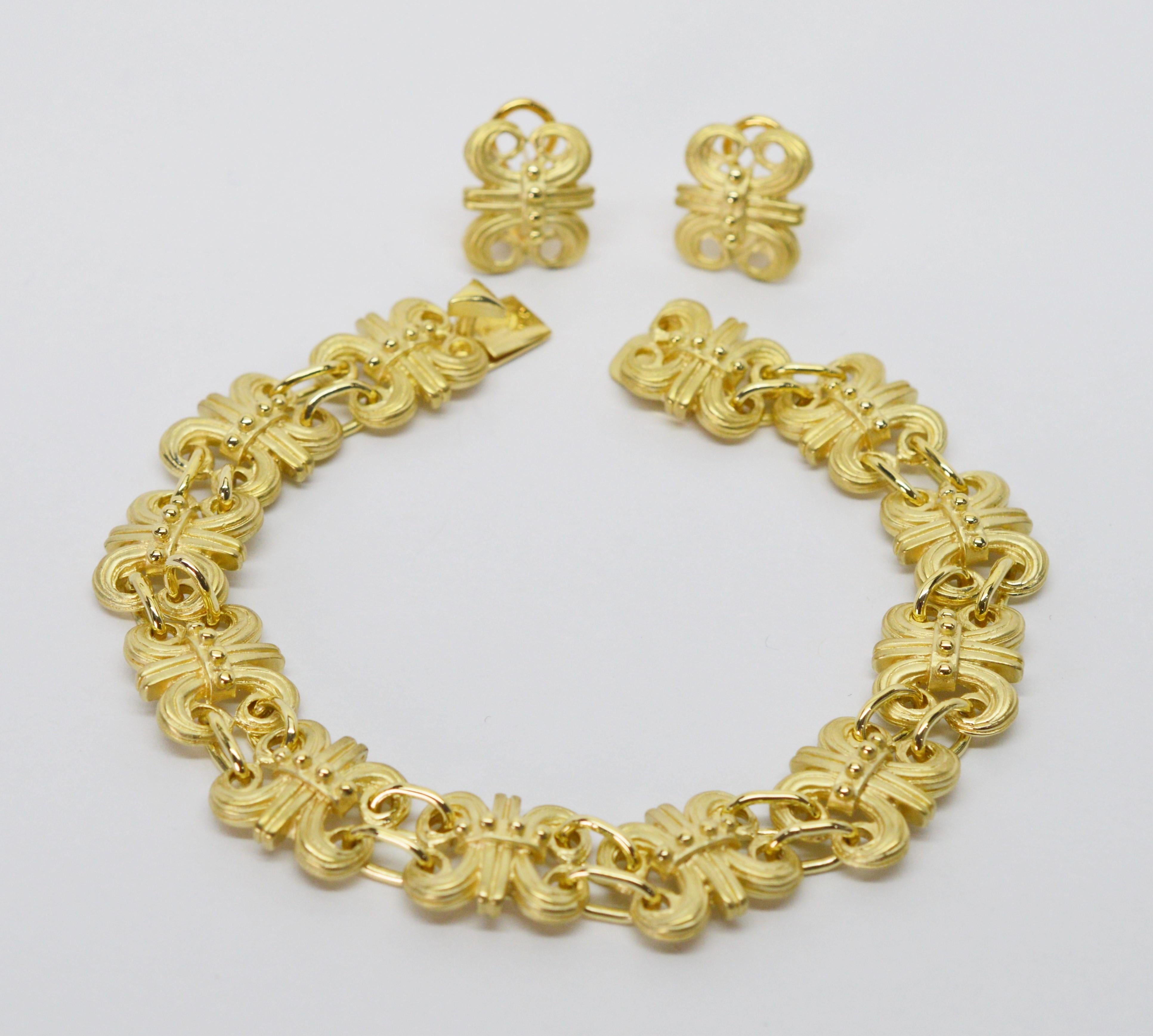 Lot de bracelets et de boucles d'oreilles en or 14 carats Satin Fleur De Lis Pour femmes en vente