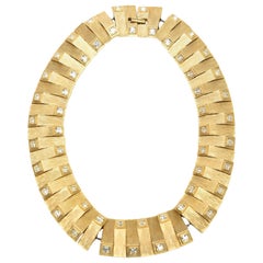 Satin Gold Plated Metal with Rhinstone Reticulated Collar Necklace Vintage