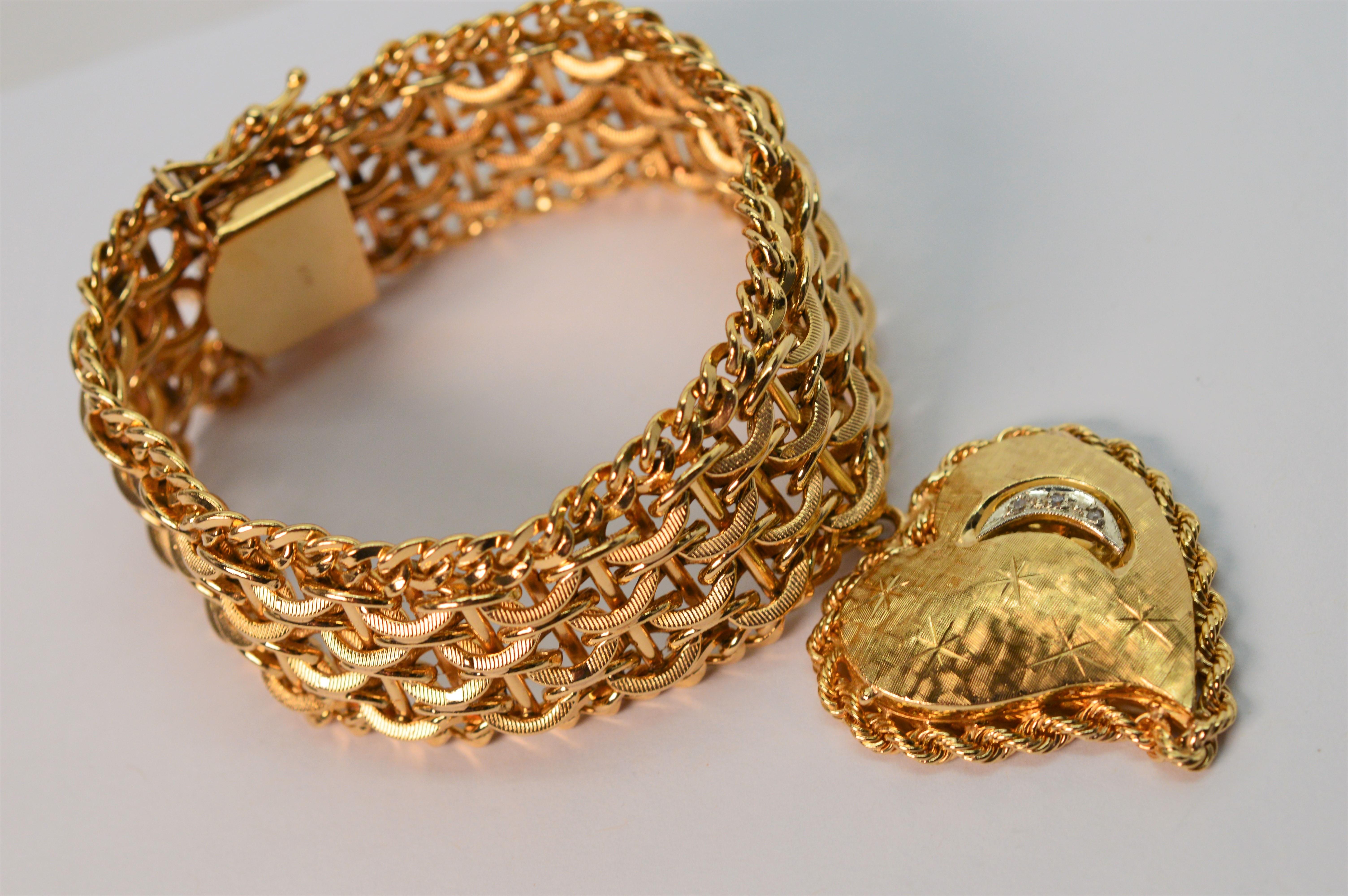 Satin 14 Karat Gold Statement Bracelet w Large Diamond Accented Gold Heart Charm 4