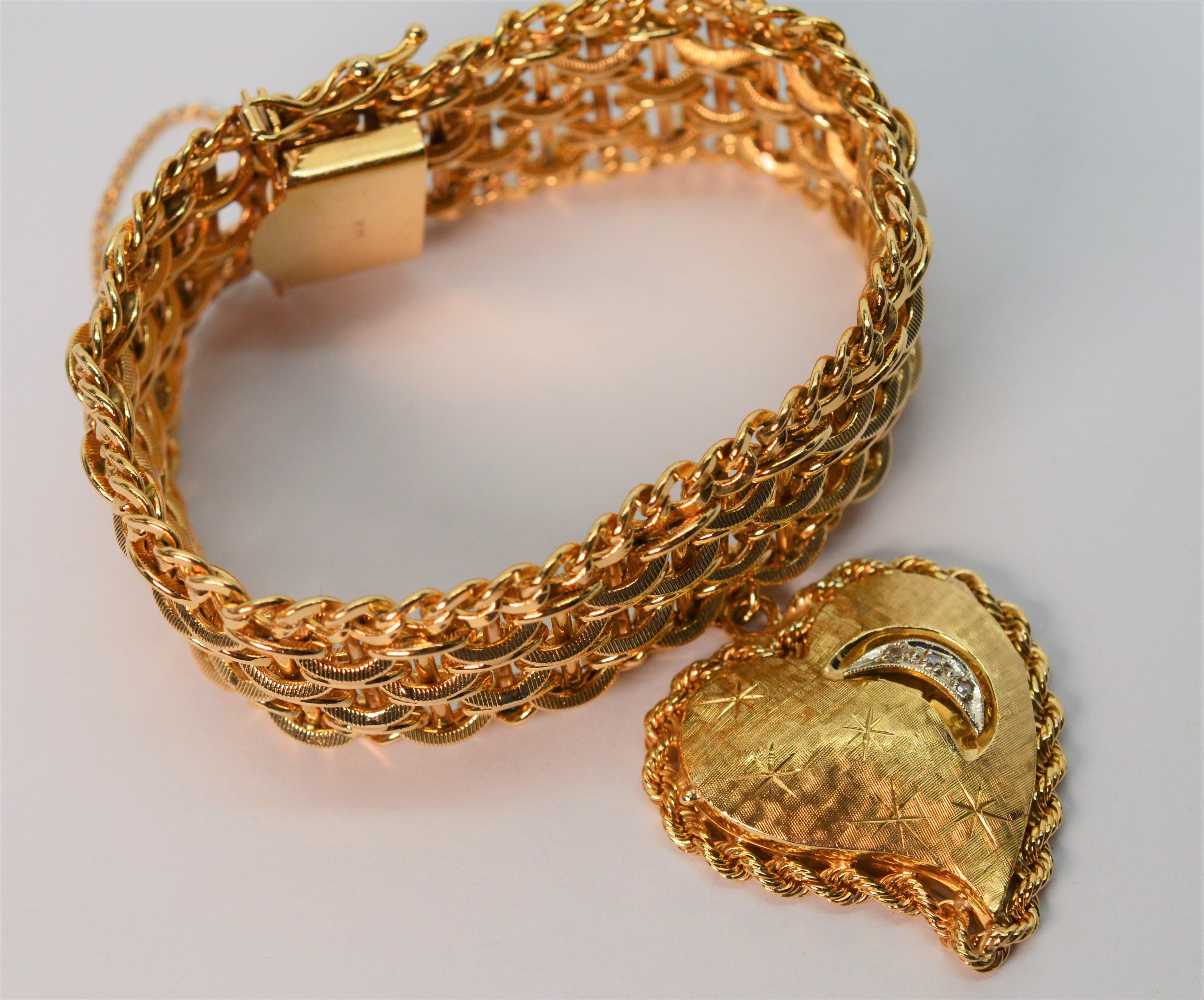 Round Cut Satin 14 Karat Gold Statement Bracelet w Large Diamond Accented Gold Heart Charm