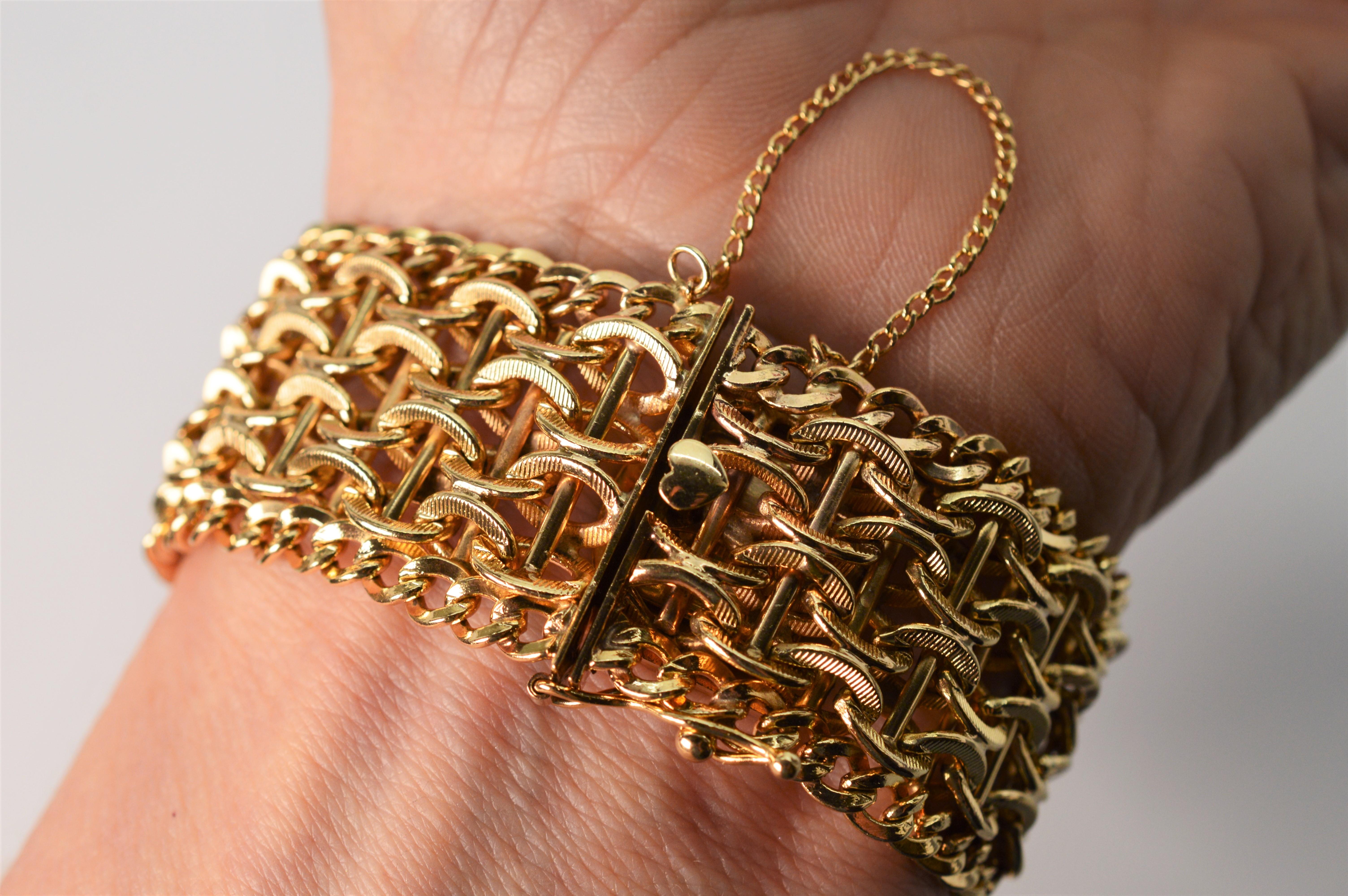 Satin 14 Karat Gold Statement Bracelet w Large Diamond Accented Gold Heart Charm 1