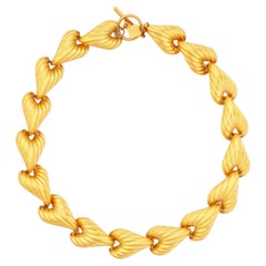 Retro Satin Gold Ridged Heart Link Choker Necklace By Anne Klein, 1980s