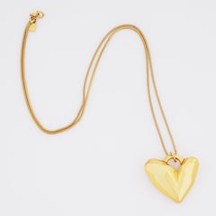 Satin Gold Three Dimensional Faceted Heart Pendant Necklace By Anne Klein, 1980s