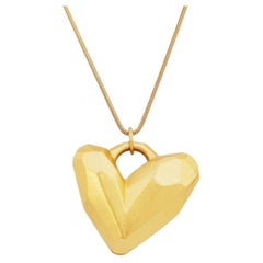 Retro Satin Gold Three Dimensional Faceted Heart Pendant Necklace By Anne Klein, 1980s