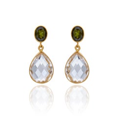 Satin Hammer Finish Earrings in 22kt Yellow Gold with Quartz & Green Tourmaline