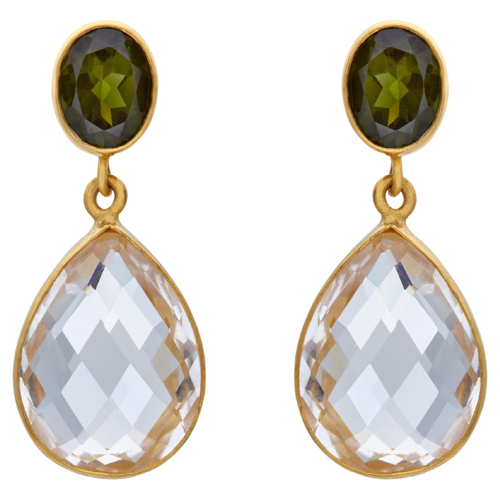 Satin Hammer Finish Earrings in 22kt Yellow Gold with Quartz & Green Tourmaline For Sale