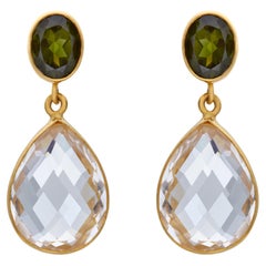 Satin Hammer Finish Earrings in 22kt Yellow Gold with Quartz & Green Tourmaline