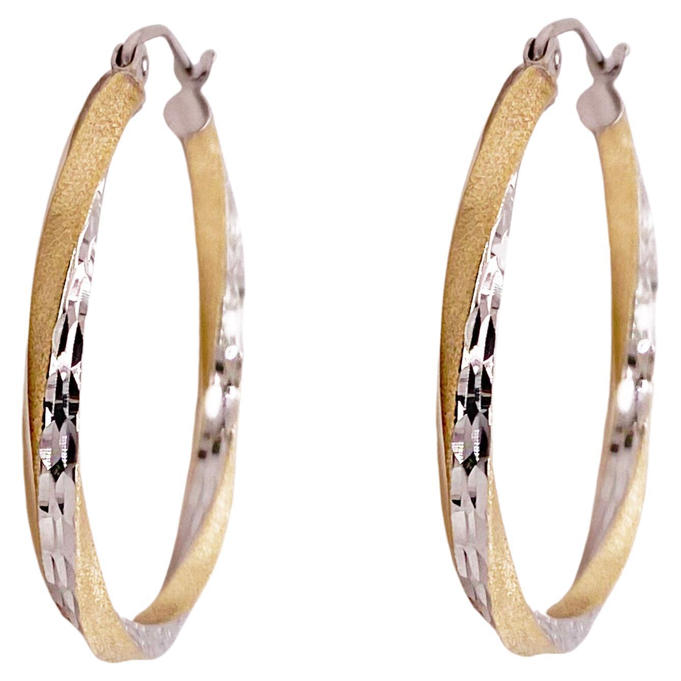 1.2-inch Twisted Hoop Earrings, Yellow-White Gold Mixed Hammered & Satin Finish For Sale