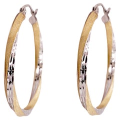 1.2-inch Twisted Hoop Earrings, Yellow-White Gold Mixed Hammered & Satin Finish