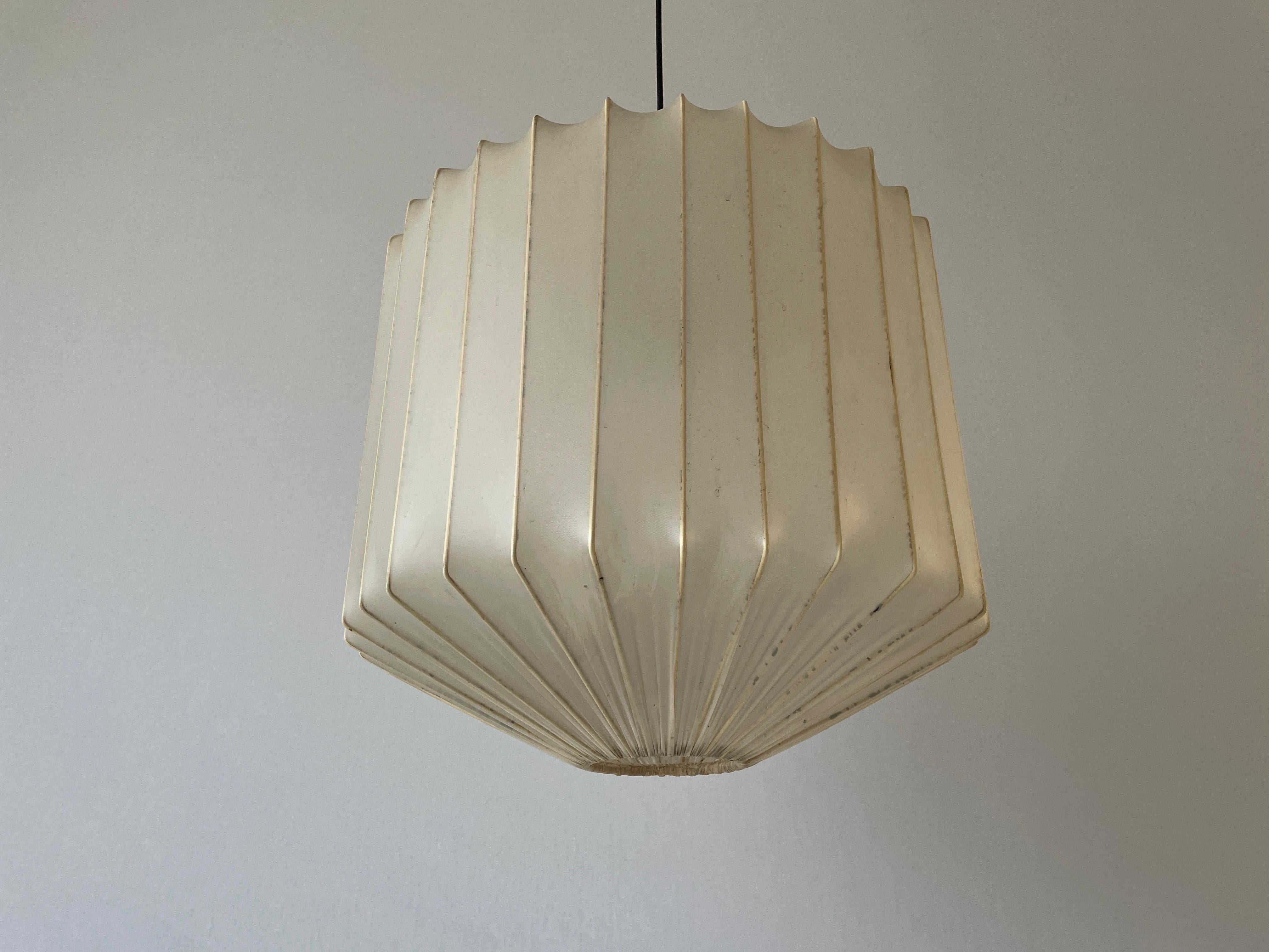 Satin Silk Fabric Ceiling Lamp in Cocoon Shape, 1960s, Italy

Lampshade is in very good vintage condition.

This lamp works with E27 light bulb 
Wired and suitable to use with 220V and 110V for all countries.

Measurements:
Height: 105 cm (can be