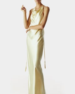 Bevza satin silk floor length backless halter neck maxi yellow slip dress gown