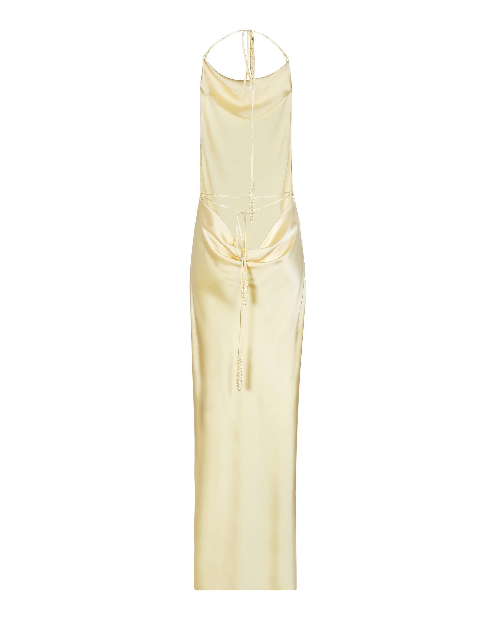 Beige Bevza satin silk floor length backless halter neck maxi yellow slip dress gown