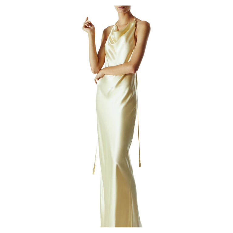 Bevza satin silk floor length backless halter neck maxi yellow slip