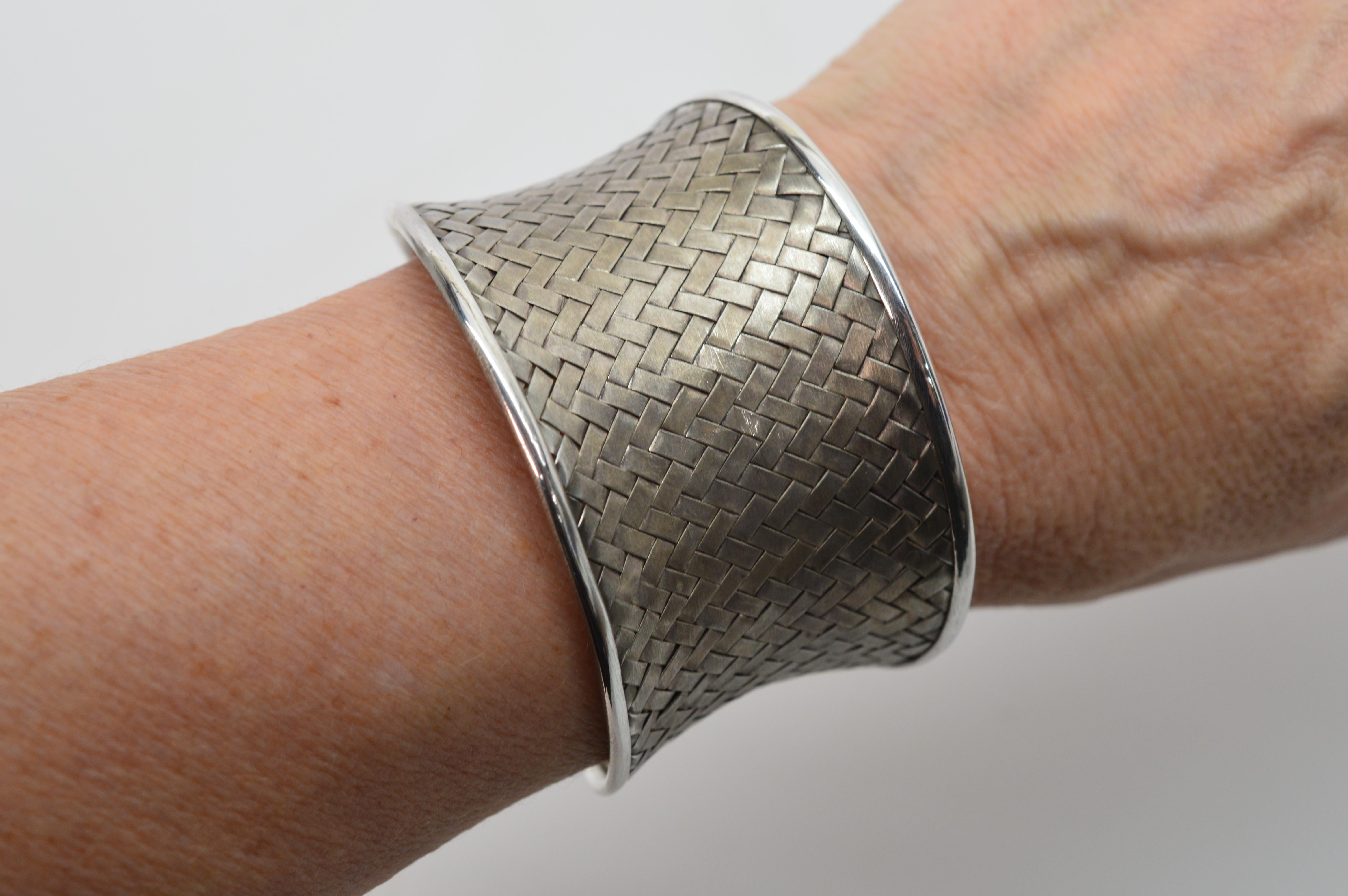 Satin Silver Basket Weave Cuff Bracelet For Sale 6