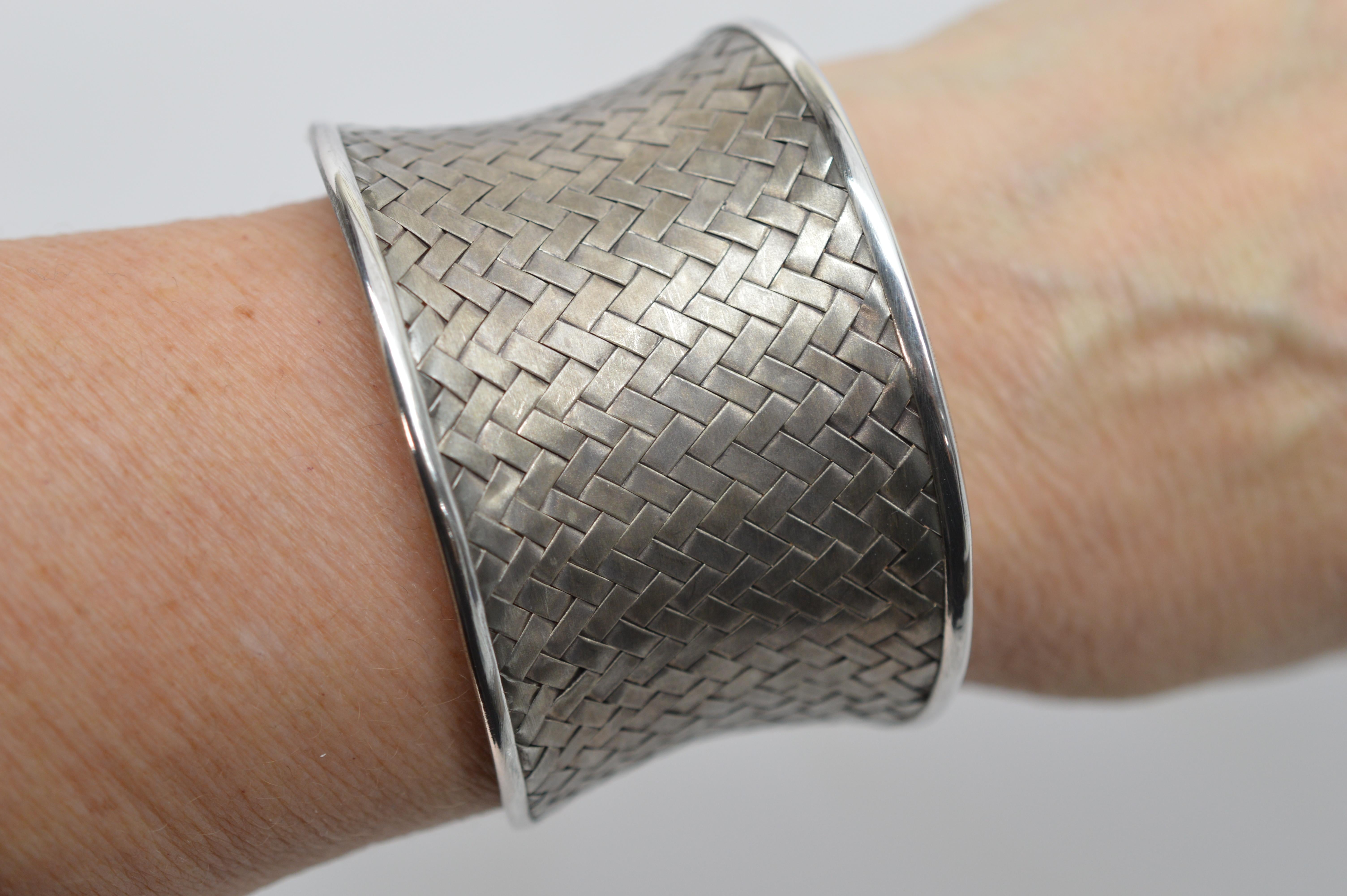 Satin Silver Basket Weave Cuff Bracelet In Good Condition For Sale In Mount Kisco, NY
